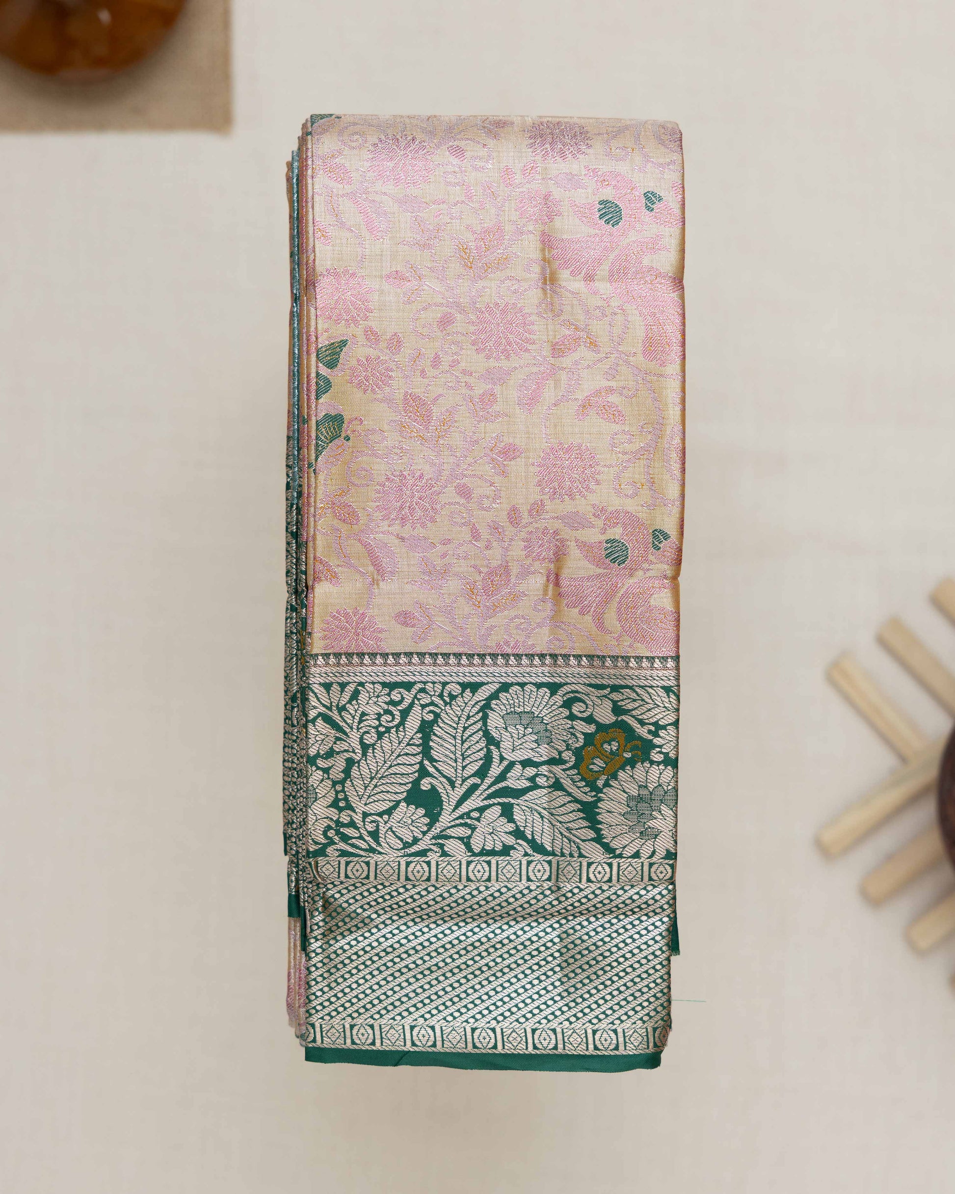 Kanchipuram Tissue Saree with Intricate Zari Woven Floral Brocade and Contrast Border - Multi