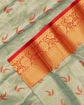 Kanchipuram Tissue Saree with Traditional Zari Weave and Floral Motifs - Green-Close Up