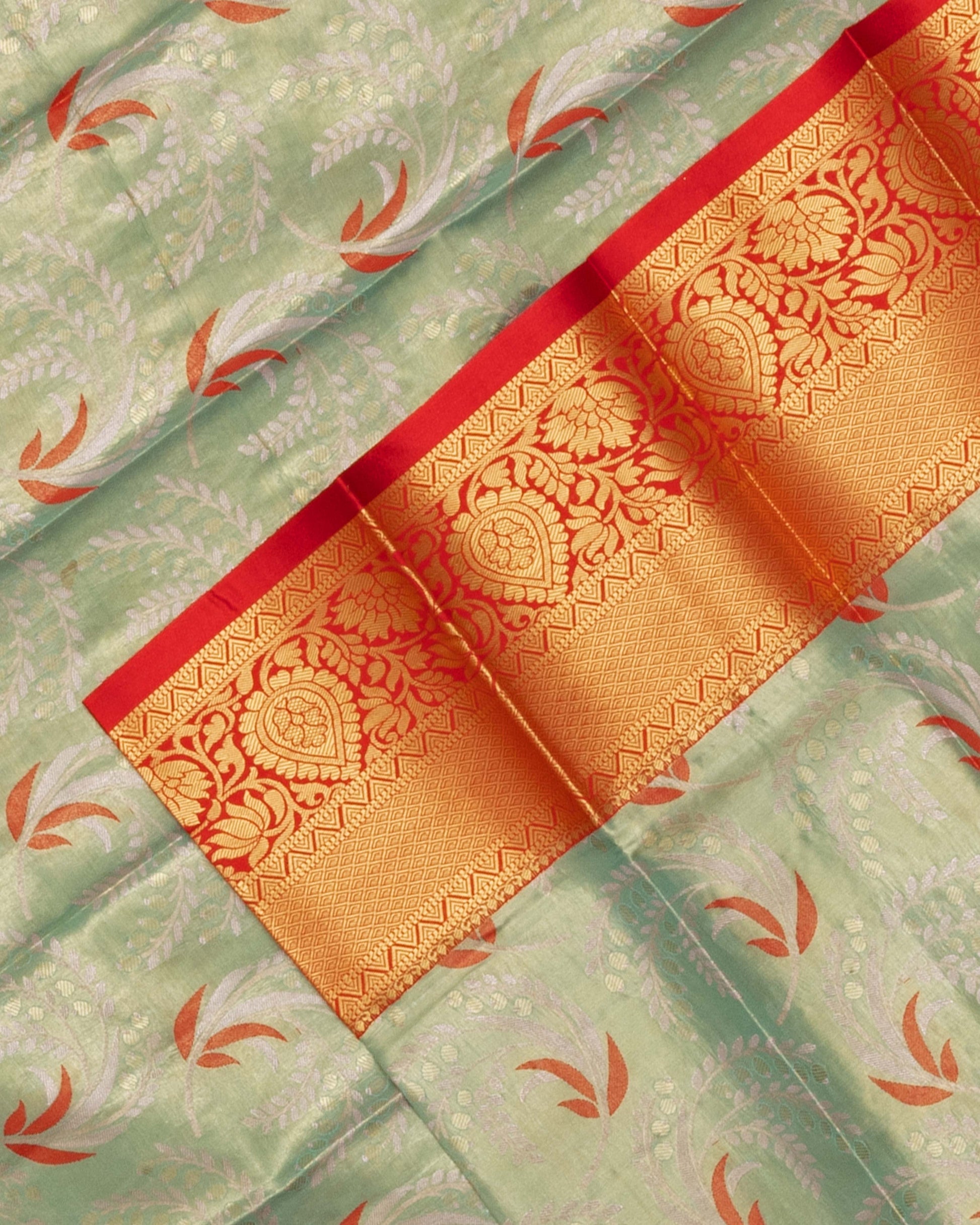 Kanchipuram Tissue Saree with Traditional Zari Weave and Floral Motifs - Green-Close Up
