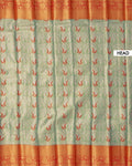 Kanchipuram Tissue Saree with Traditional Zari Weave and Floral Motifs - Green-Head