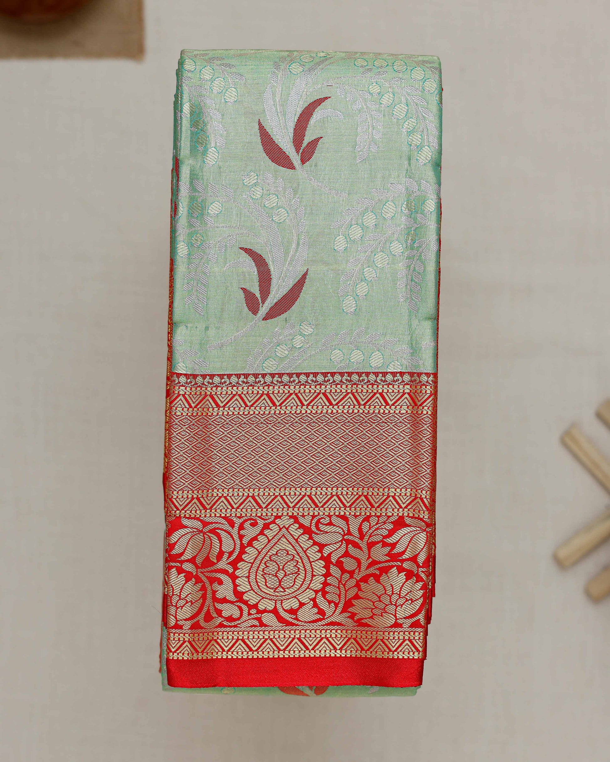 Kanchipuram Tissue Saree with Traditional Zari Weave and Floral Motifs - Green