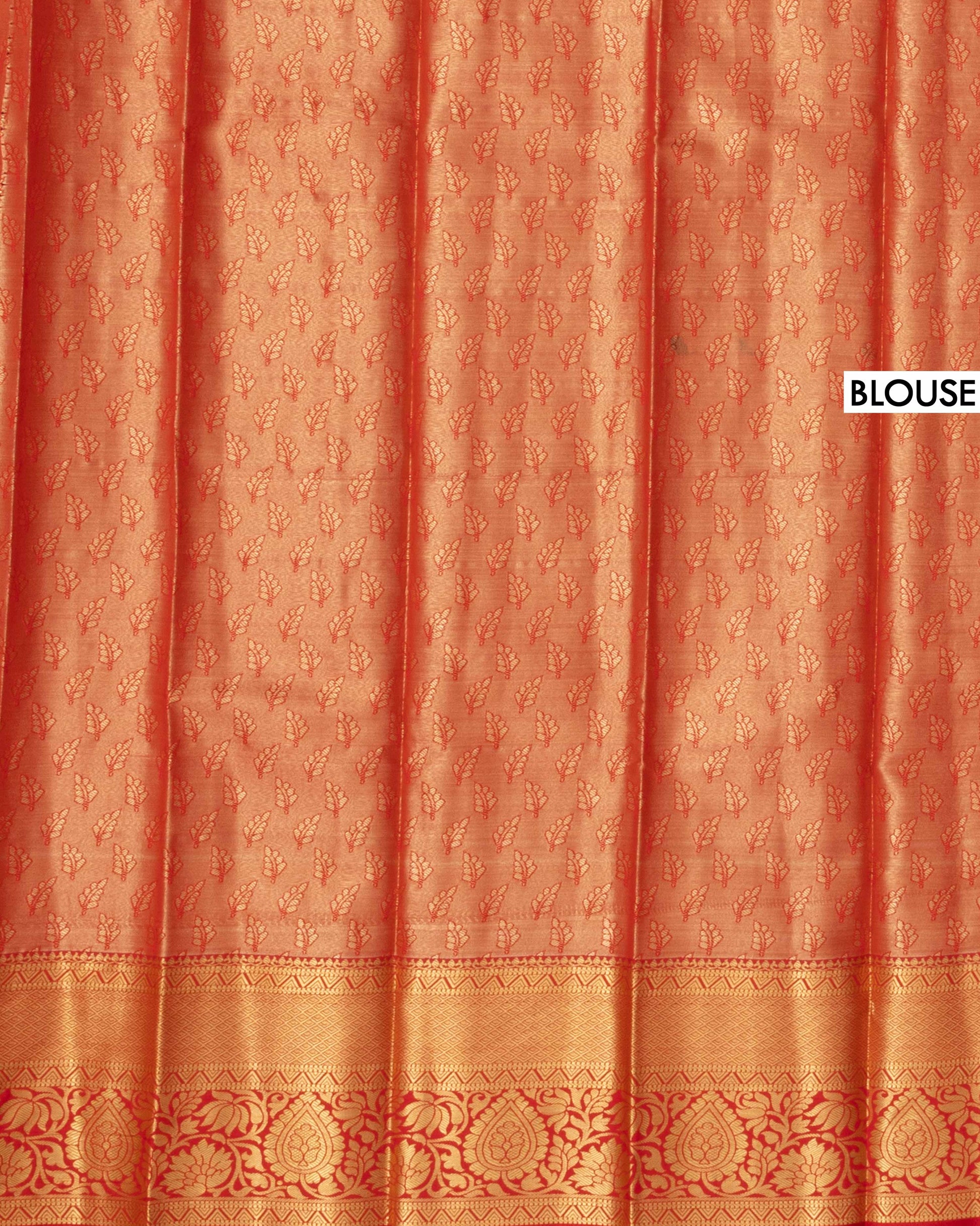 Kanchipuram Tissue Saree with Traditional Zari Weave and Floral Motifs - Orange -Blouse