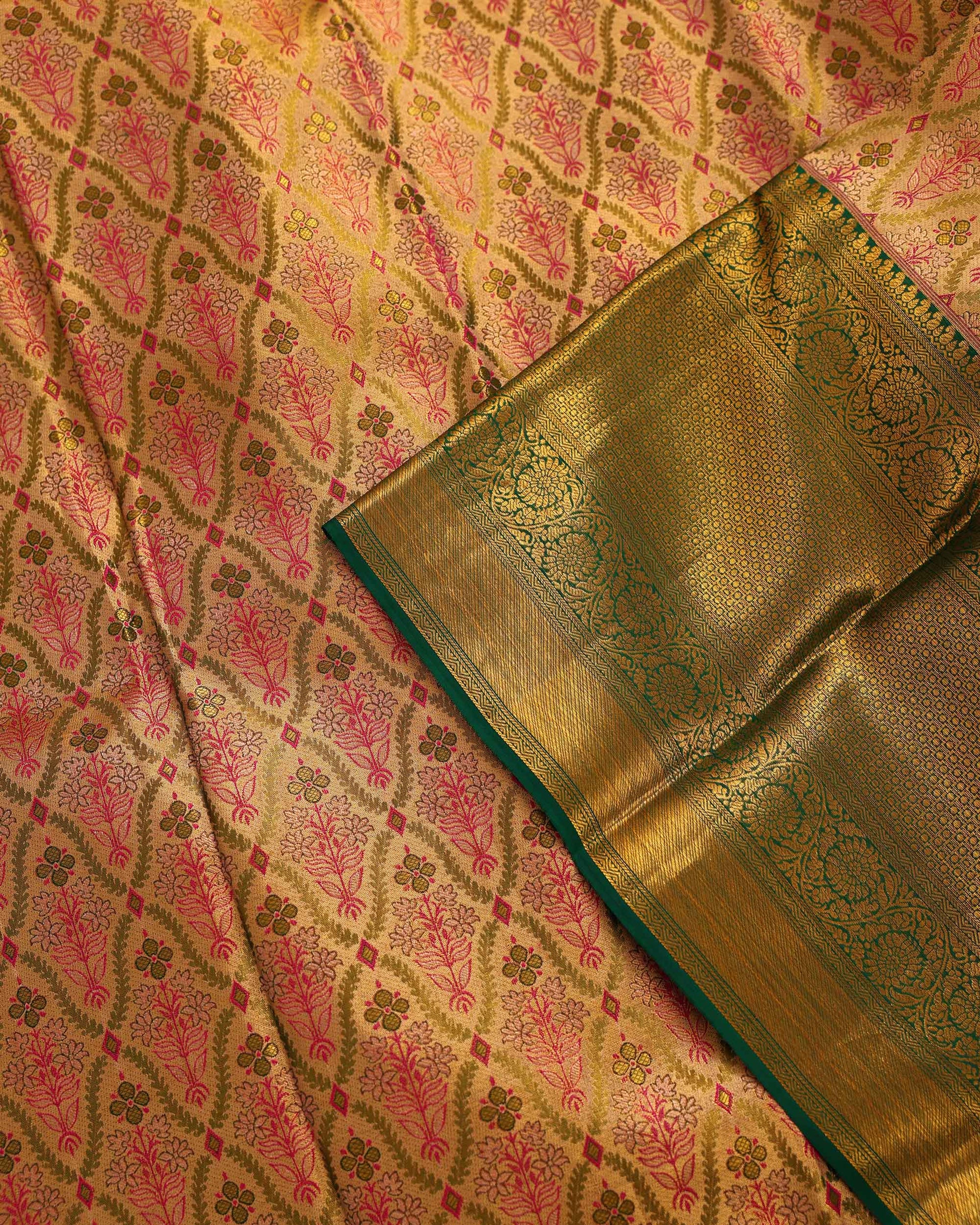 Kanchipuram Tissue Silk Brocade Saree with Intricate Zari Work and Traditional Motifs - Multi-Close Up