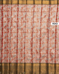 Kanchipuram Tissue Silk Saree with Floral Brocade Weaving and Grand Contrast Zari Border - Peach-Head