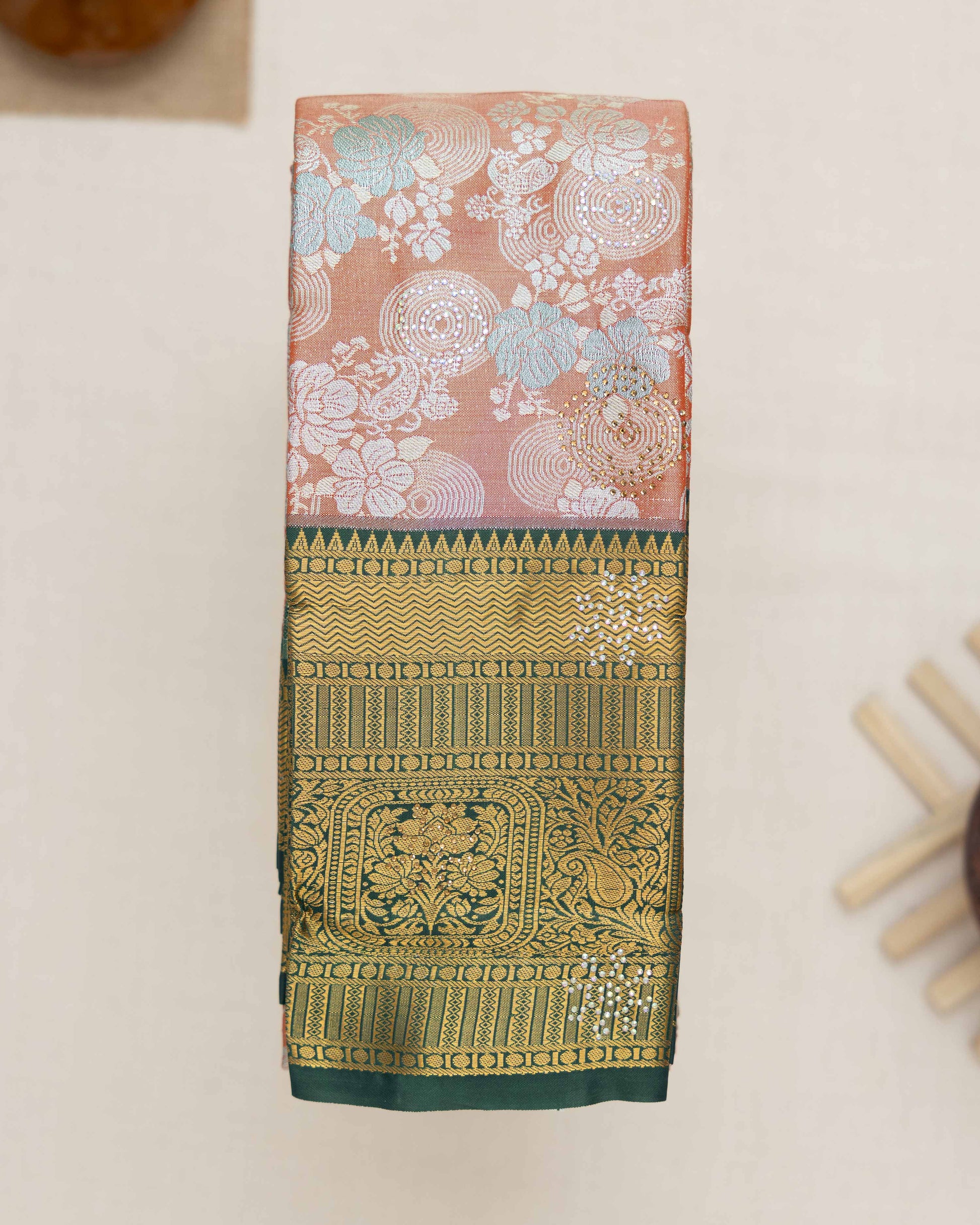 Kanchipuram Tissue Silk Saree with Floral Brocade Weaving and Grand Contrast Zari Border - Peach