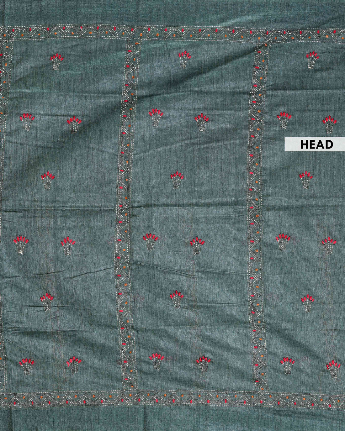 Eleagnt Kantha Work Saree with Floral and Geometric Motifs - Green