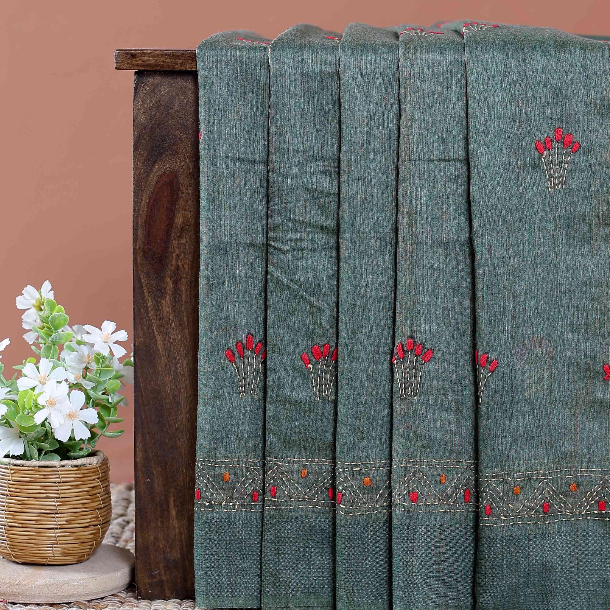 Eleagnt Kantha Work Saree with Floral and Geometric Motifs - Green