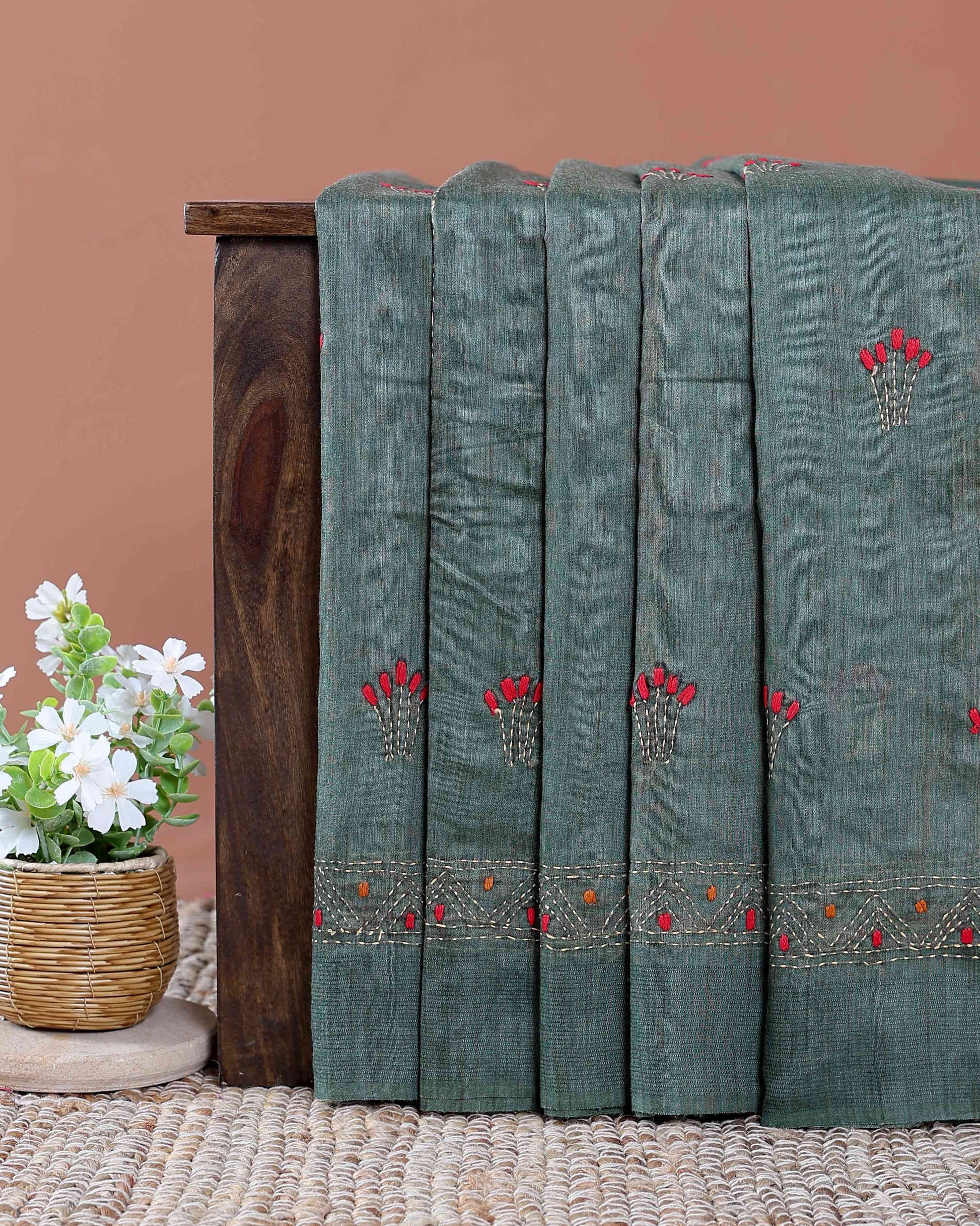 Eleagnt Kantha Work Saree with Floral and Geometric Motifs - Green