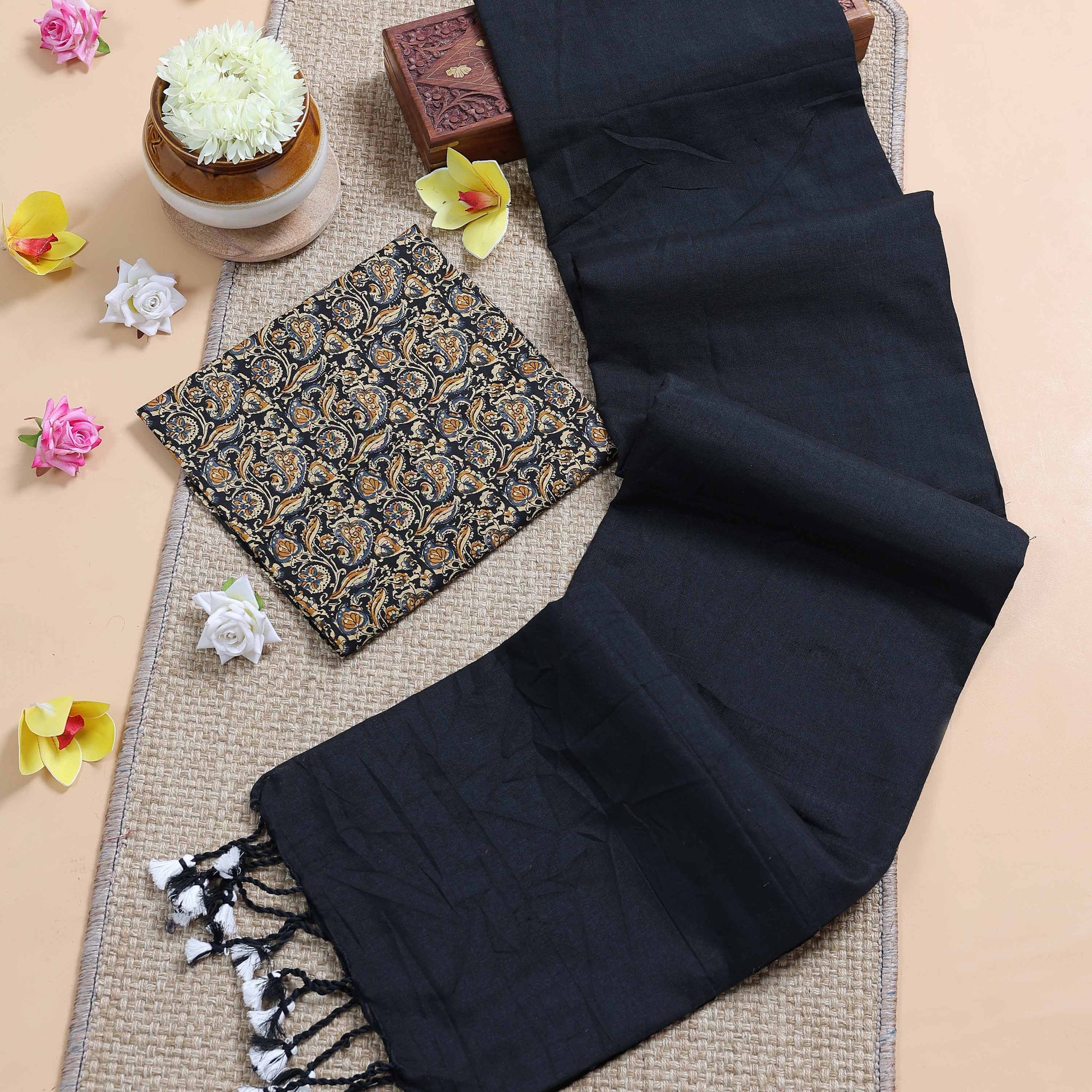 Khadi Cotton Saree with Contrast Printed Blouse and Tassel Accents - Black