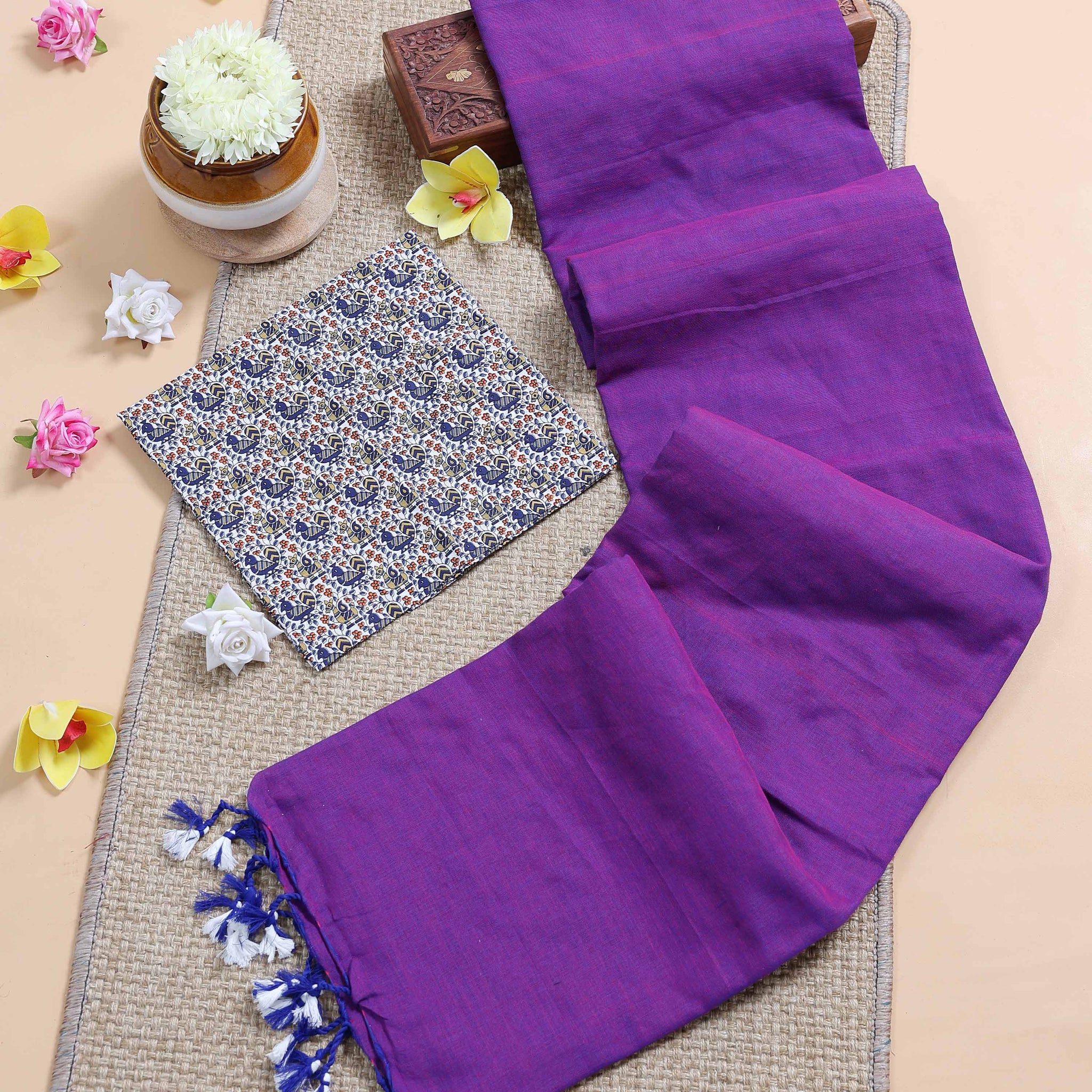 Handloom Khadi Cotton Saree with Contrast Printed Blouse and Tassel Accents - Purple