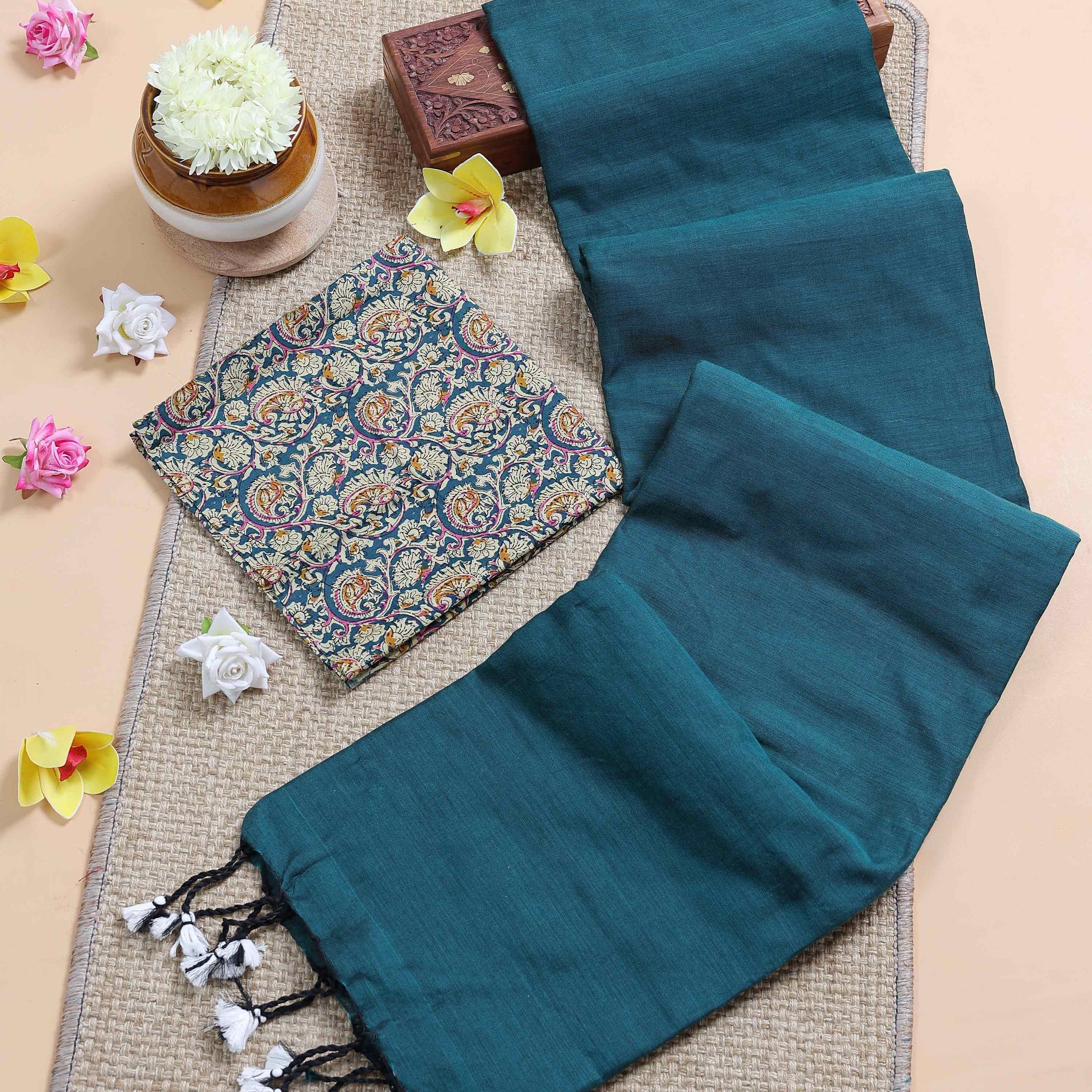 Handloom Khadi Cotton Saree with Contrast Printed Blouse and Tassel Accents - Teal