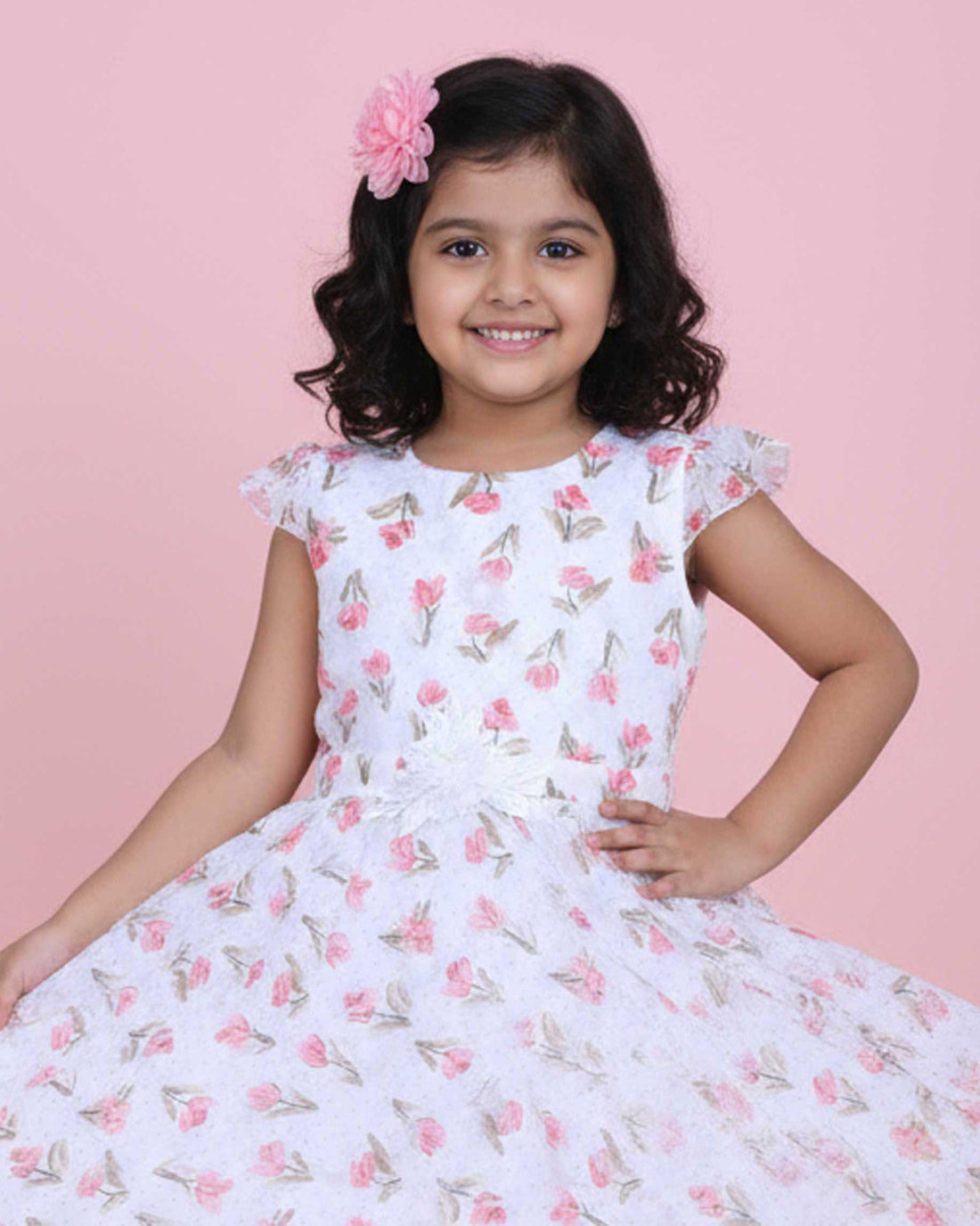 Elegant Floral Printed Party Wear Kids Frock with Flared Hemline and Bow Detail - White