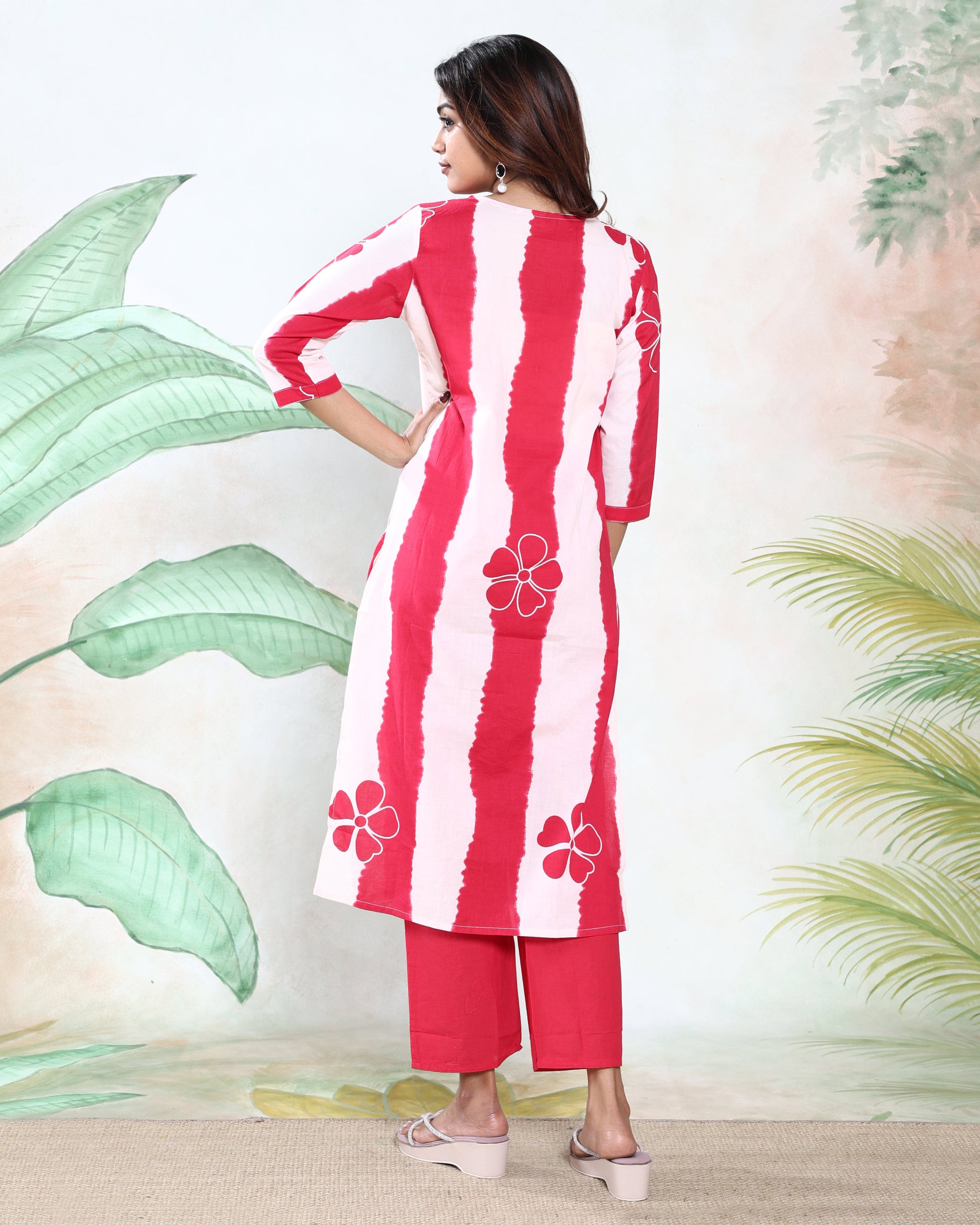 Kurta Pant Set with Matching Dupatta and Tie-Dye Pattern Pink Full-Length Back View