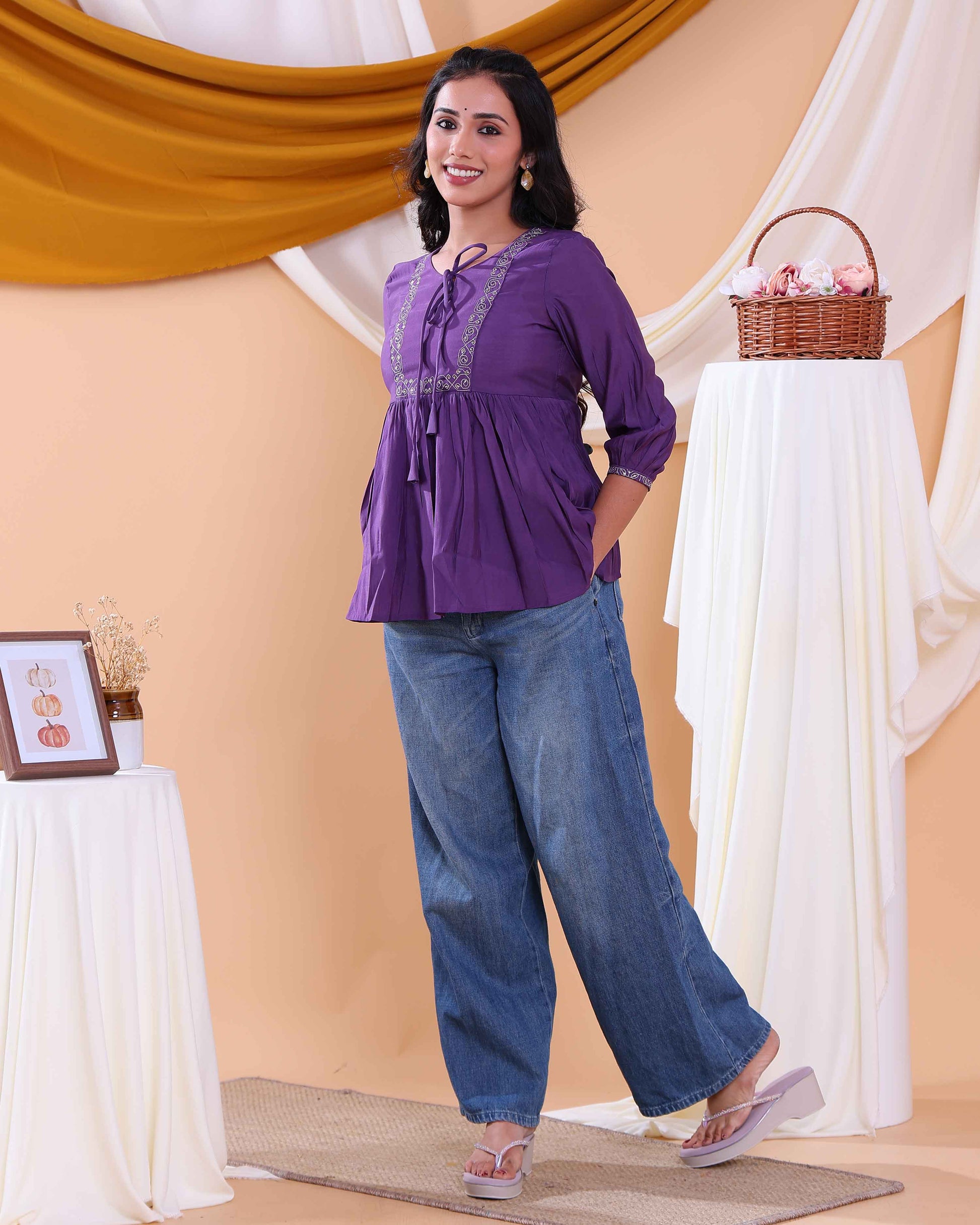 Women's Embroidered Round Neck Short Kurta Tunic with Gathered Waist - Purple