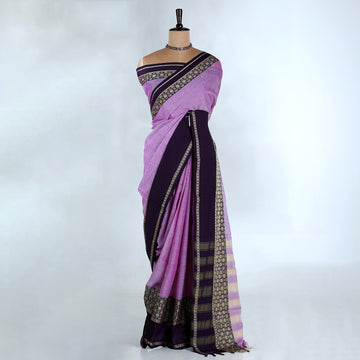 Lavender Mangalagiri Cotton Saree With Dark Purple Zari Border And Woven Pallu - Full View