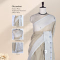 Light Brown Bengal Cotton Saree With White Striped Border And Woven Motifs Front Drape View On Mannequin