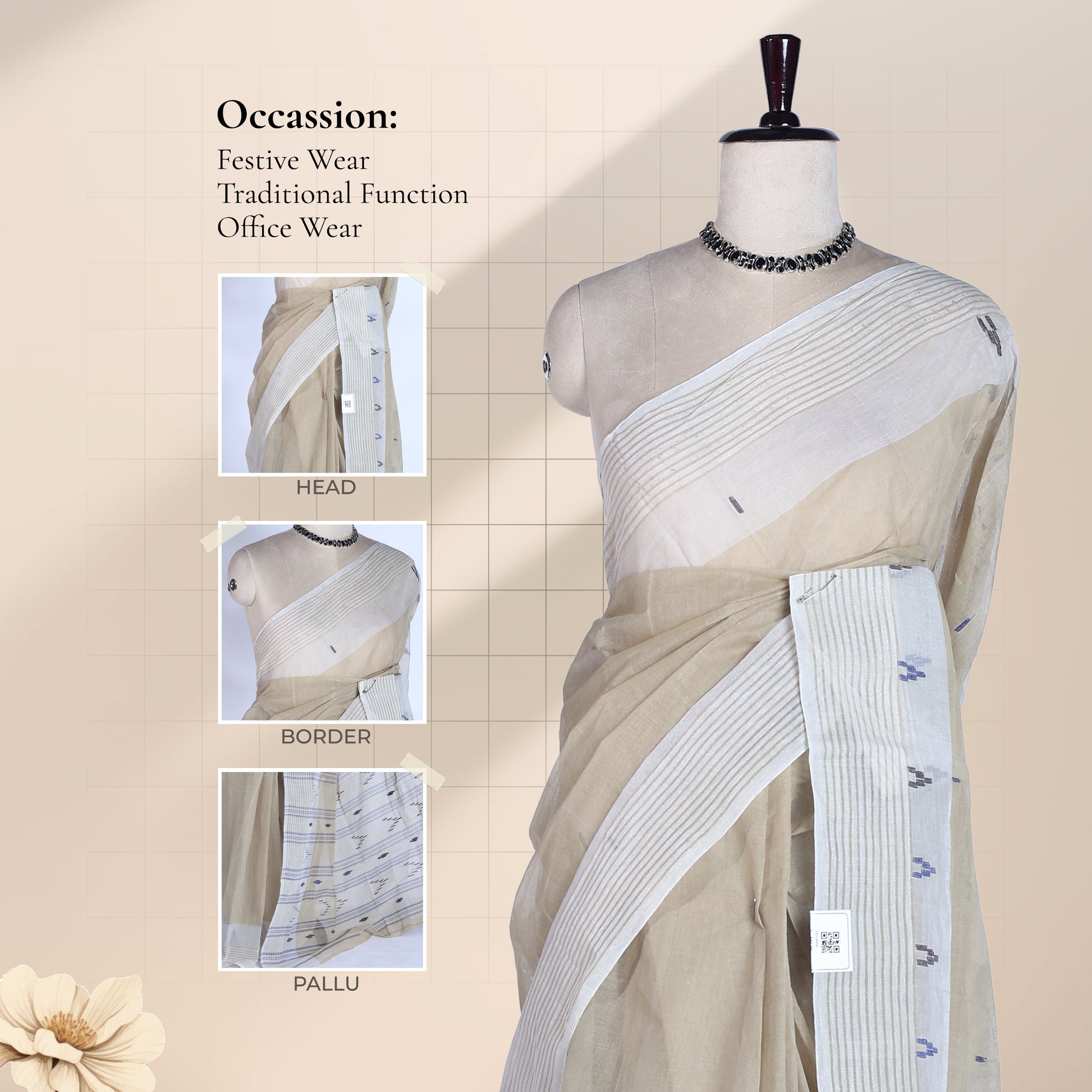 Light Brown Bengal Cotton Saree With White Striped Border And Woven Motifs Front Drape View On Mannequin