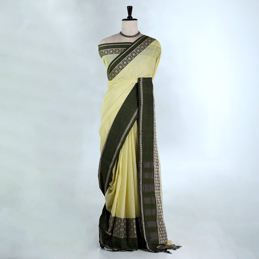 Light Green Mangalagiri Cotton Saree With Dark Green Zari Border And Woven Pallu - Full View