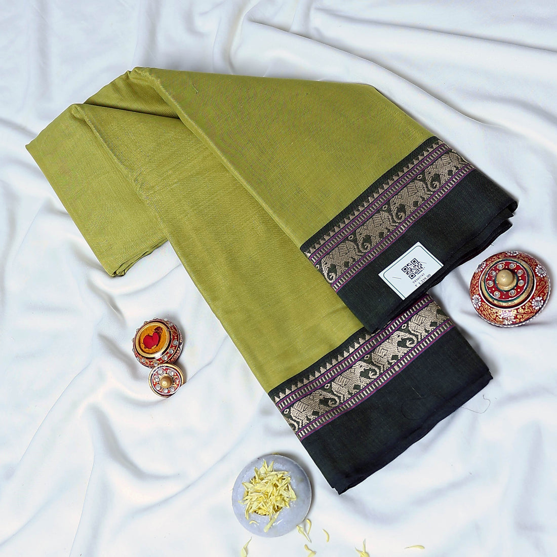 Light Green Mangalagiri Cotton Saree with Dark Green Border and Pallu - Full View
