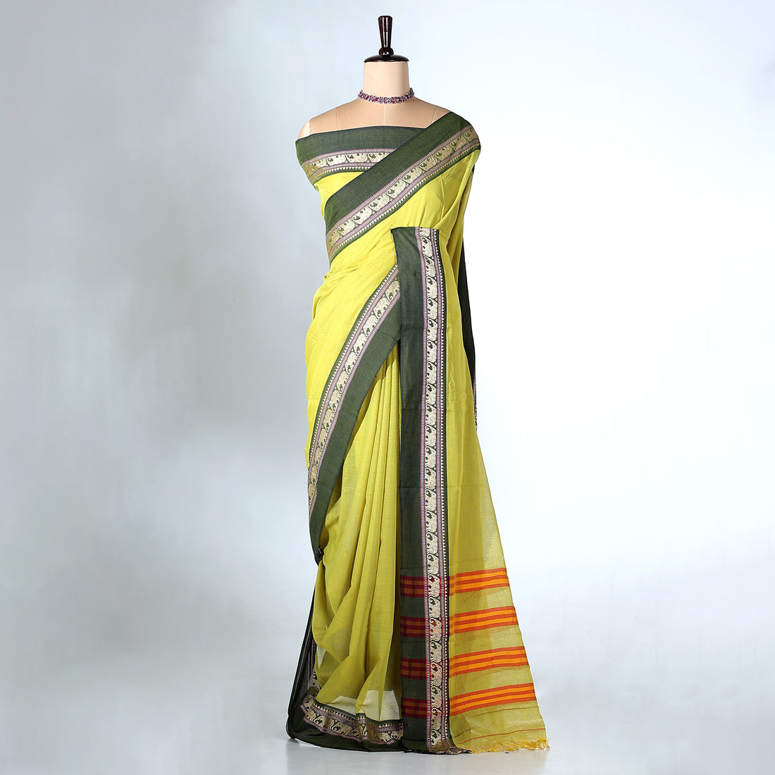 Light Green Mangalagiri Cotton Saree with Dark Green Border and Pallu - Full View
