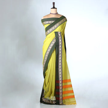Light Green Mangalagiri Cotton Saree with Dark Green Border and Pallu - Full View