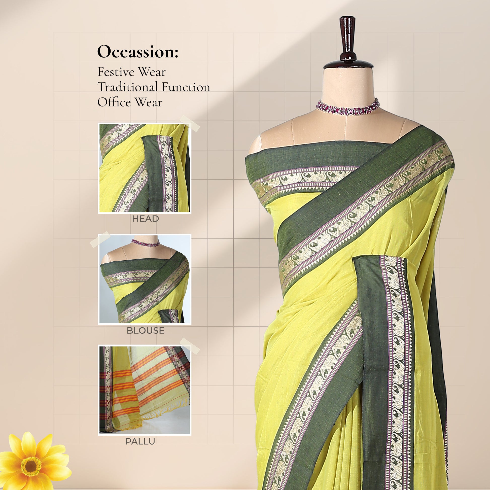 Light Green Mangalagiri Cotton Saree with a Dark Green Border Elephant Motif Zari Detailing and Striped Pallu