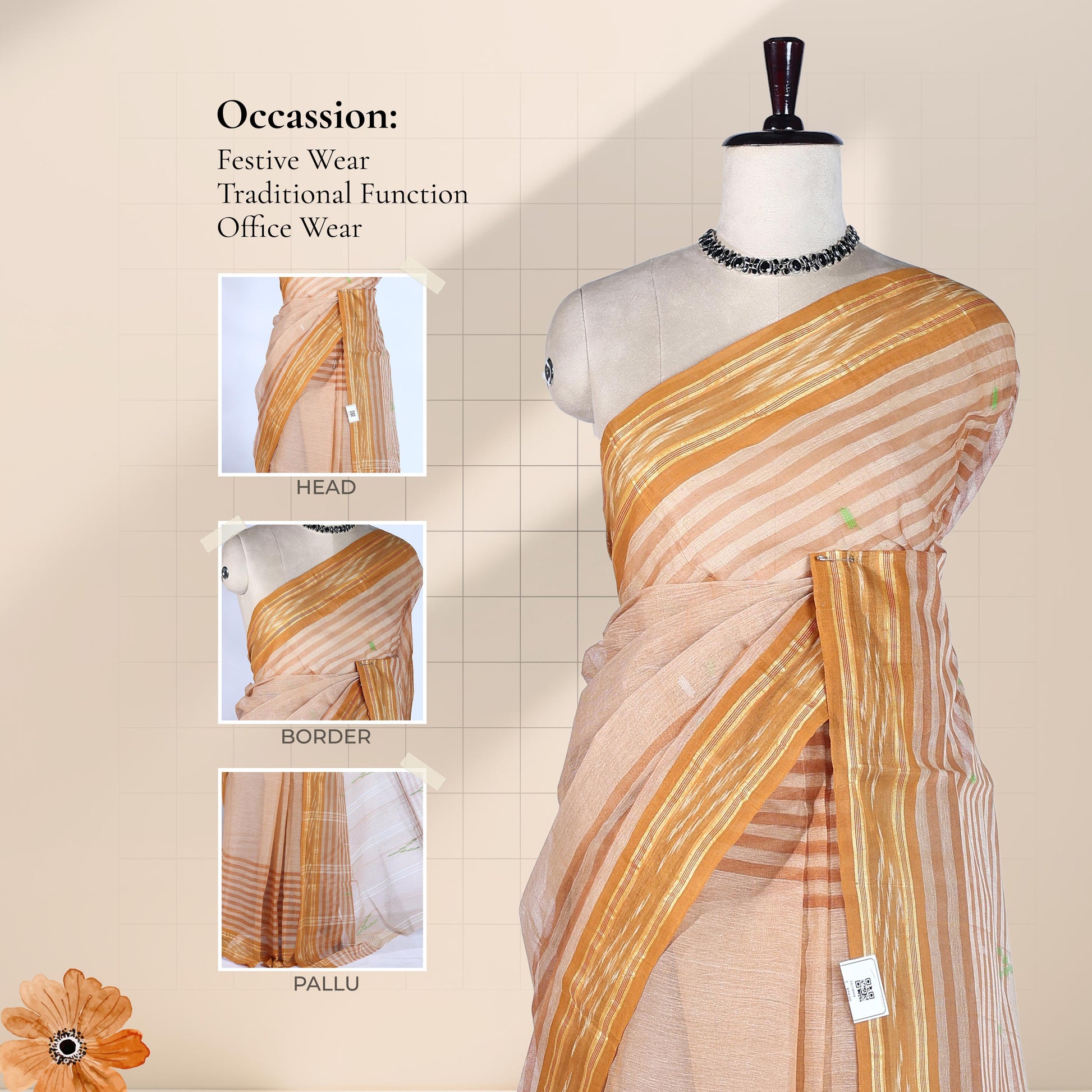 Light Peach Bengal Cotton Saree Featuring Woven Stripes, Butta Motifs And Contrast Pallu Draped Front View