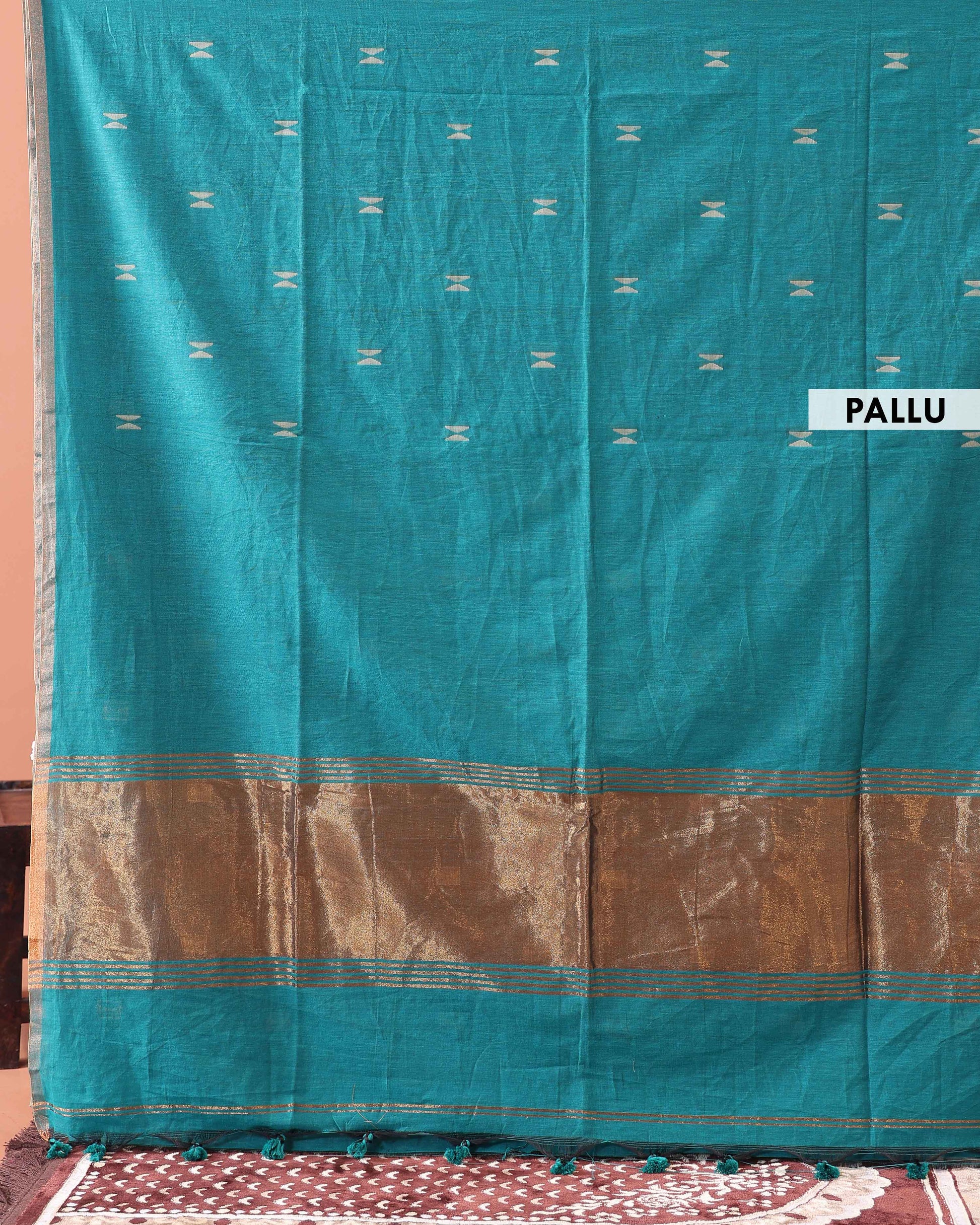 Lightweight Handloom Semi Silk Cotton Saree with Golden Zari Border and Small Motif Detailing  - Teal