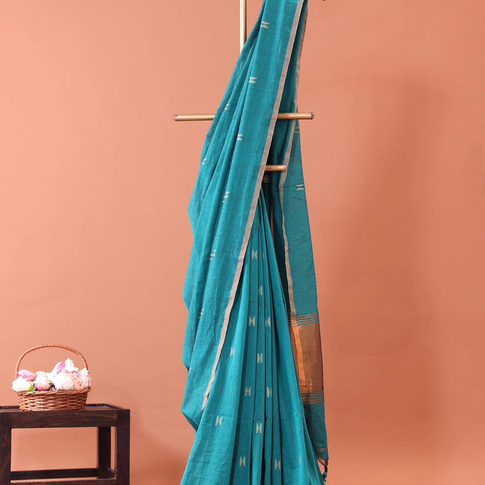 Lightweight Handloom Semi Silk Cotton Saree with Golden Zari Border and Small Motif Detailing  - Teal
