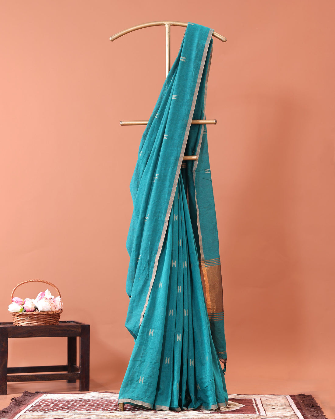 Lightweight Handloom Semi Silk Cotton Saree with Golden Zari Border and Small Motif Detailing  - Teal