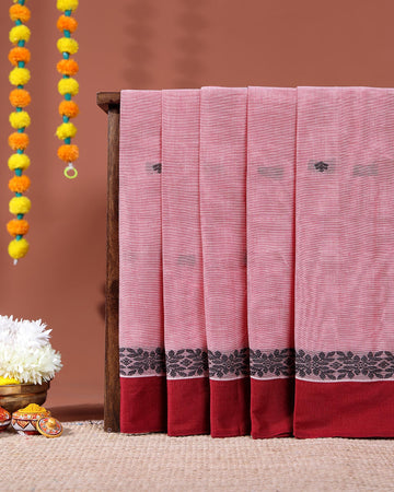 Lightweight Kovai Cotton Saree with Classic Floral Weave and Contrast Finish - Pink
