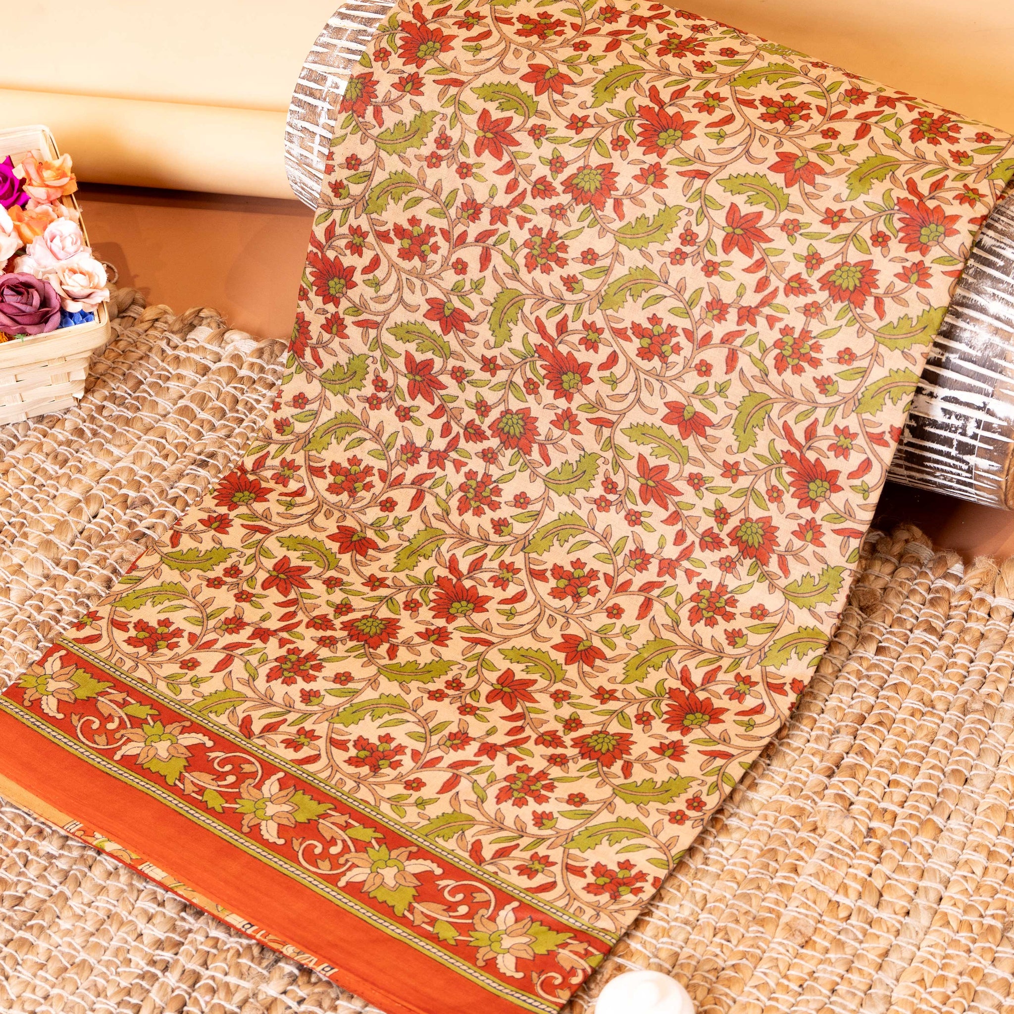 Lightweight Voile Cotton Saree with All-over Floral Print - Sandal 