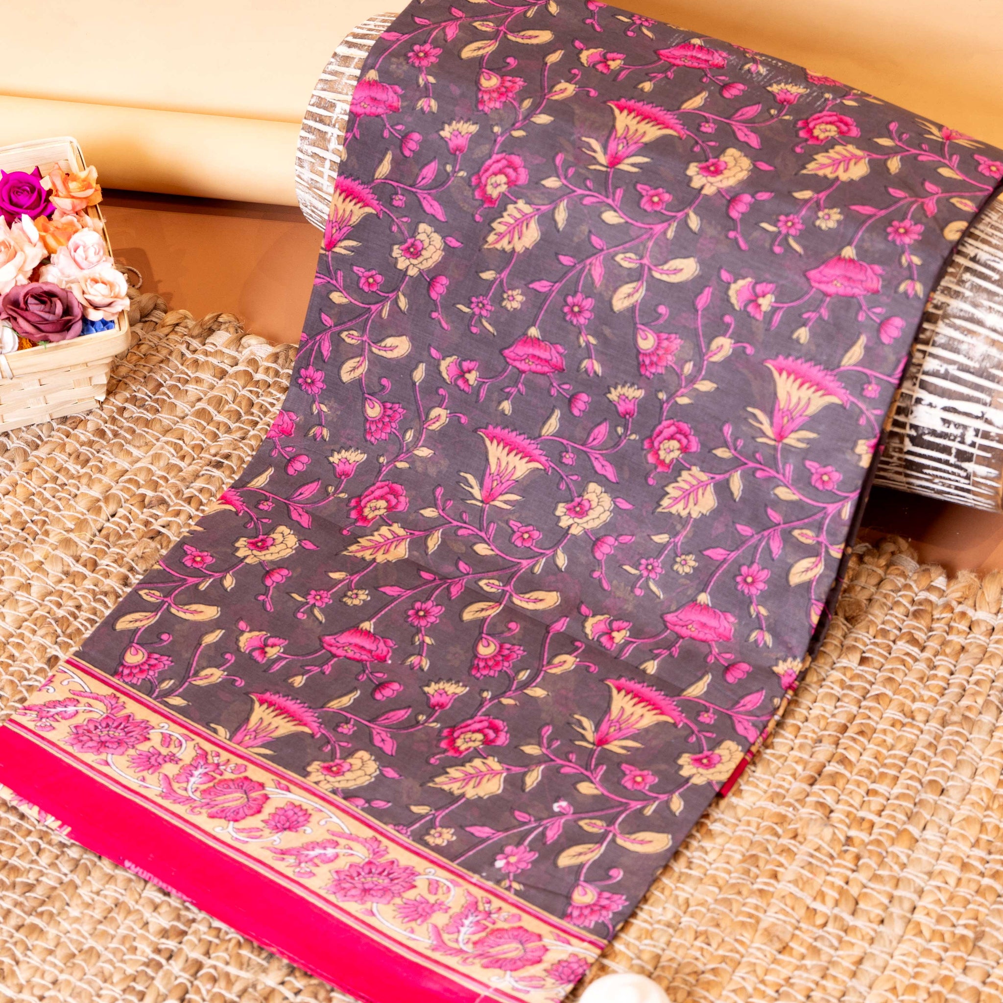 Lightweight Voile Cotton Saree with Block Printed Floral Motifs and Intricate Border - Dark Grey 