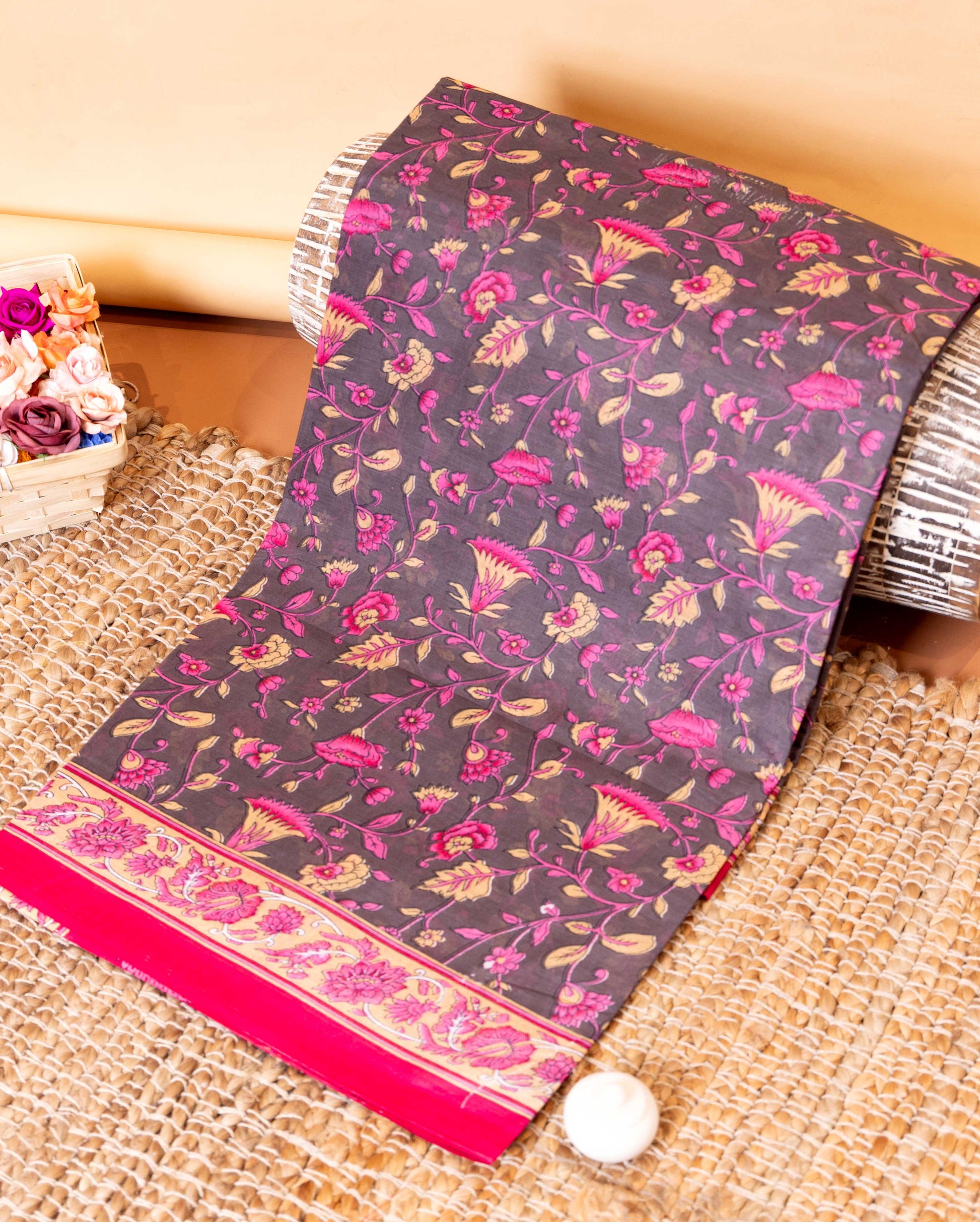 Lightweight Voile Cotton Saree with Block Printed Floral Motifs and Intricate Border - Dark Grey 