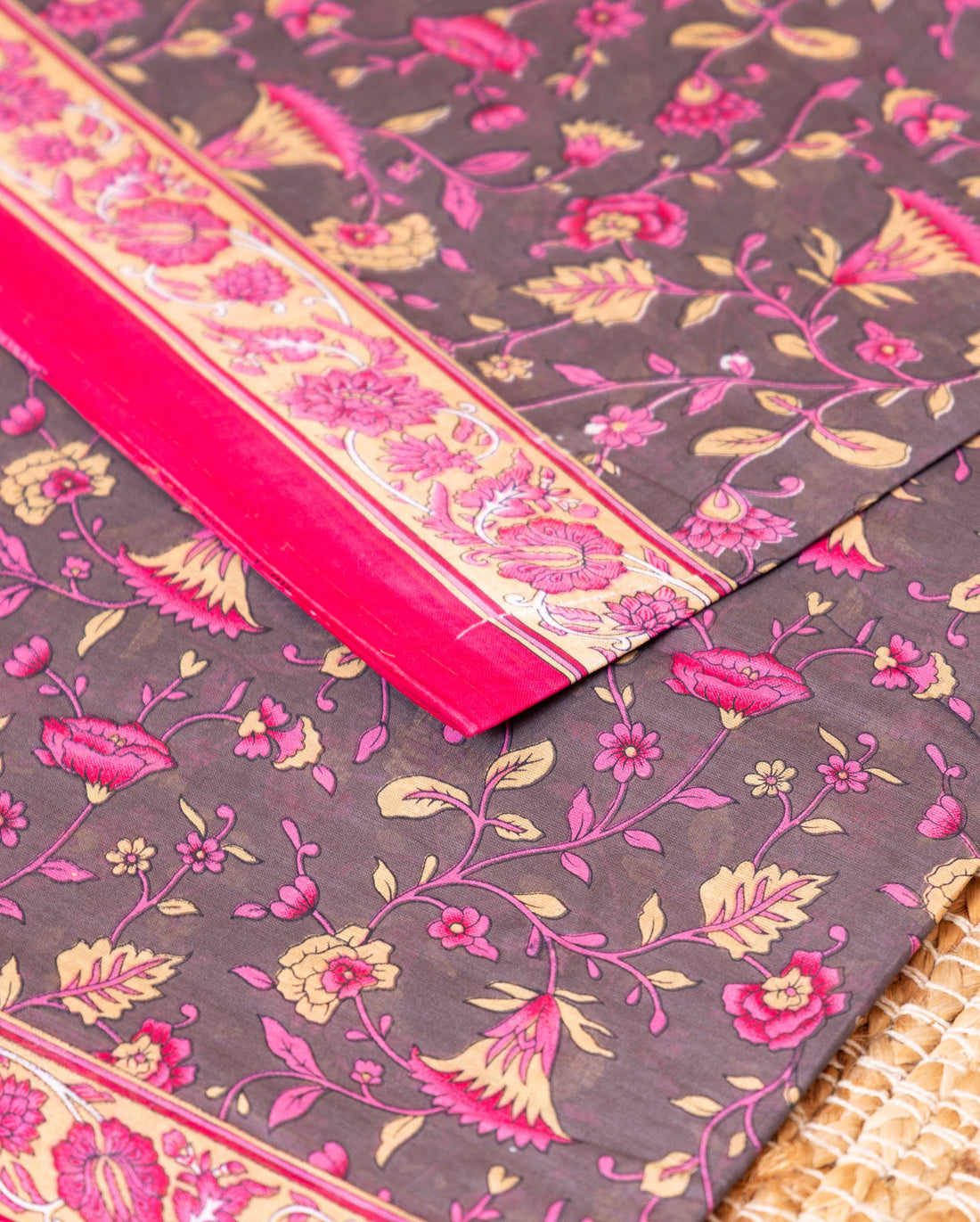 Lightweight Voile Cotton Saree with Block Printed Floral Motifs and Intricate Border - Dark Grey 