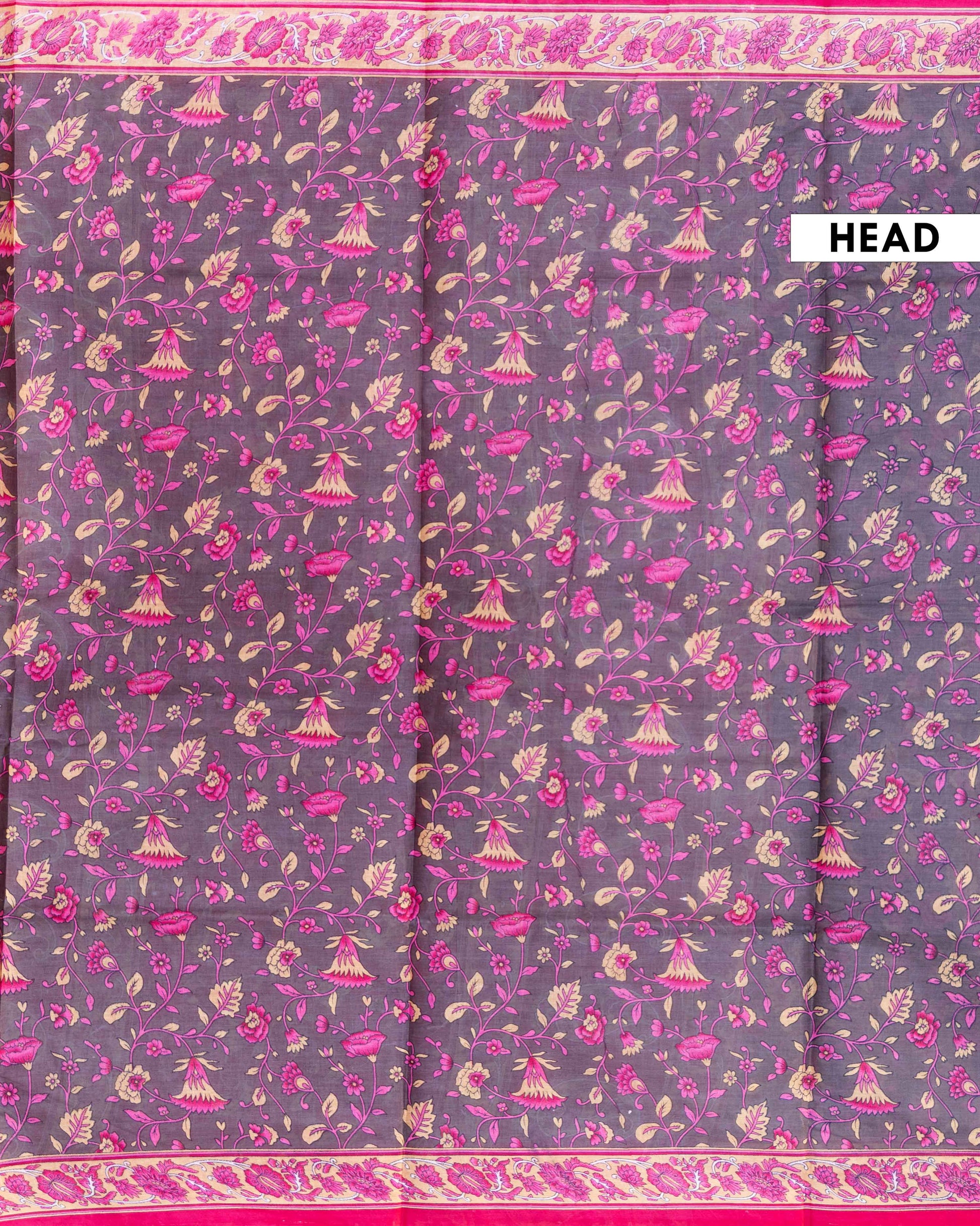 Lightweight Voile Cotton Saree with Block Printed Floral Motifs and Intricate Border - Dark Grey 