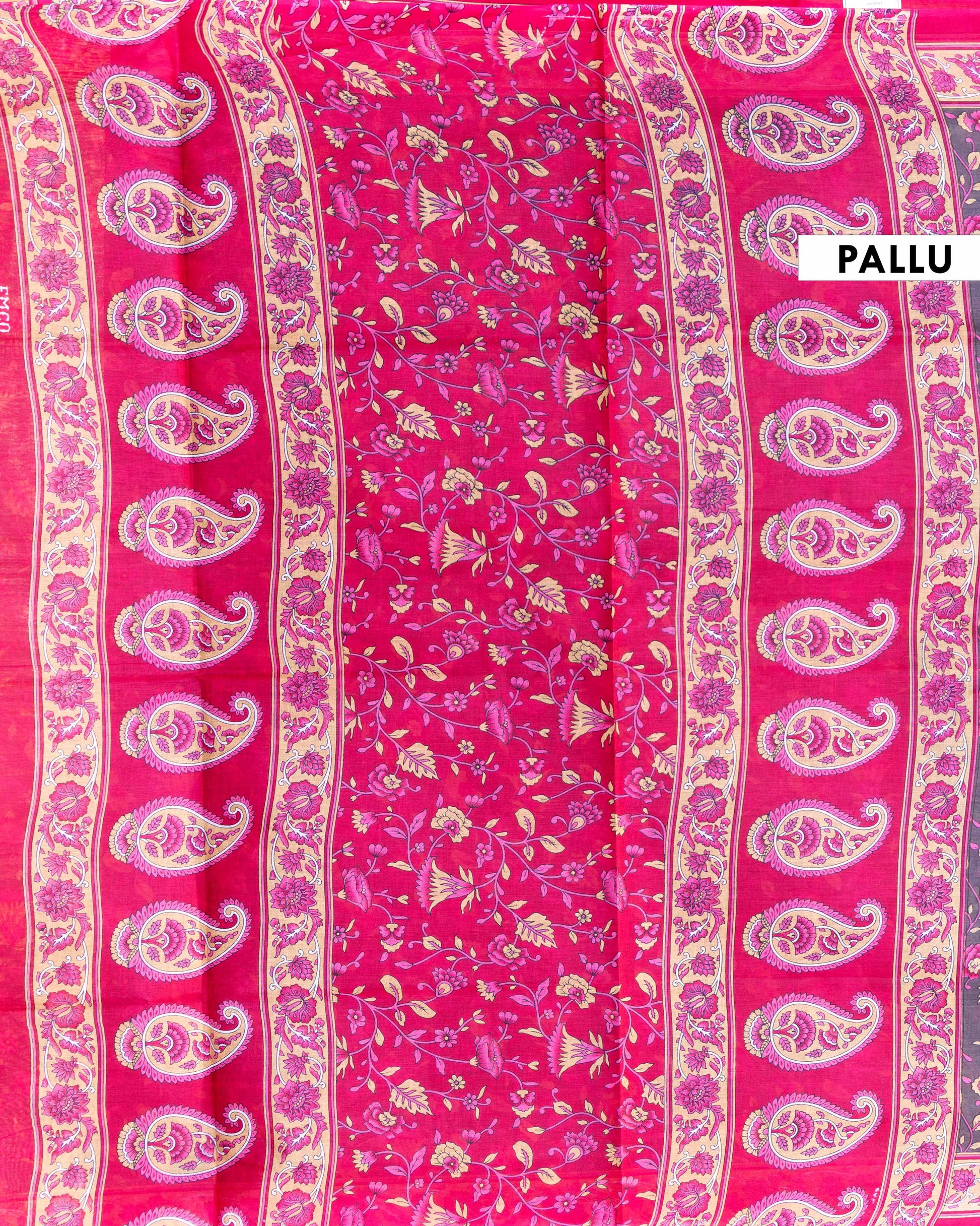 Lightweight Voile Cotton Saree with Block Printed Floral Motifs and Intricate Border - Dark Grey 