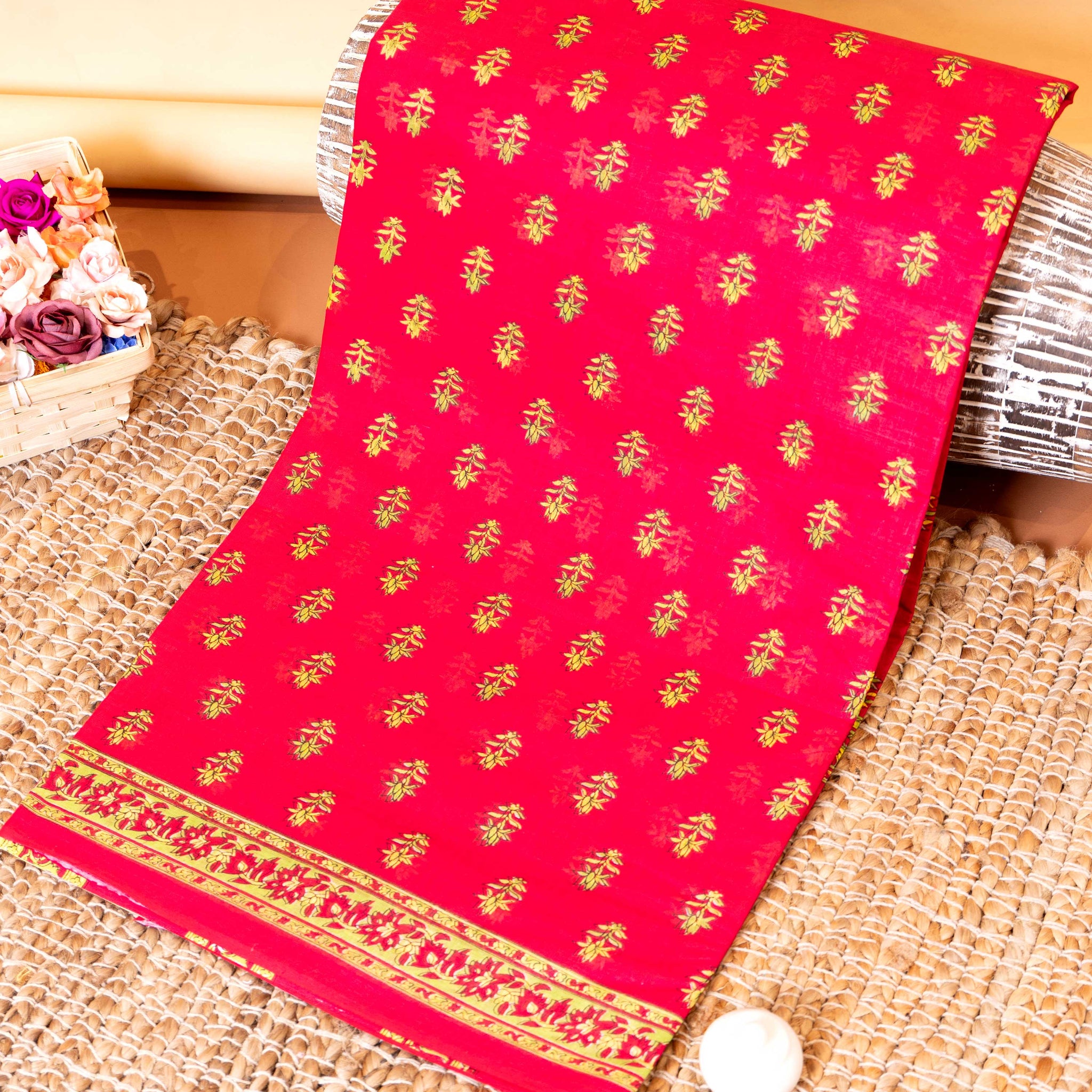 Lightweight Voile Cotton Saree with Contrast Woven Border and All-Over Motifs - Dark Pink