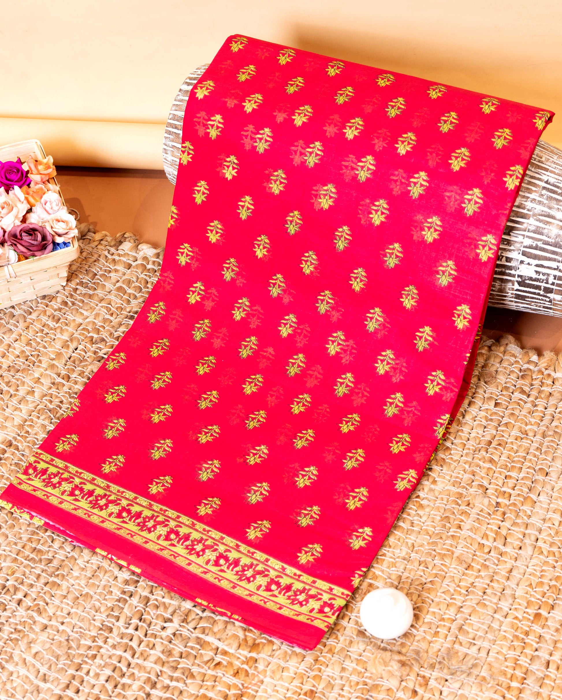 Lightweight Voile Cotton Saree with Contrast Woven Border and All-Over Motifs - Dark Pink