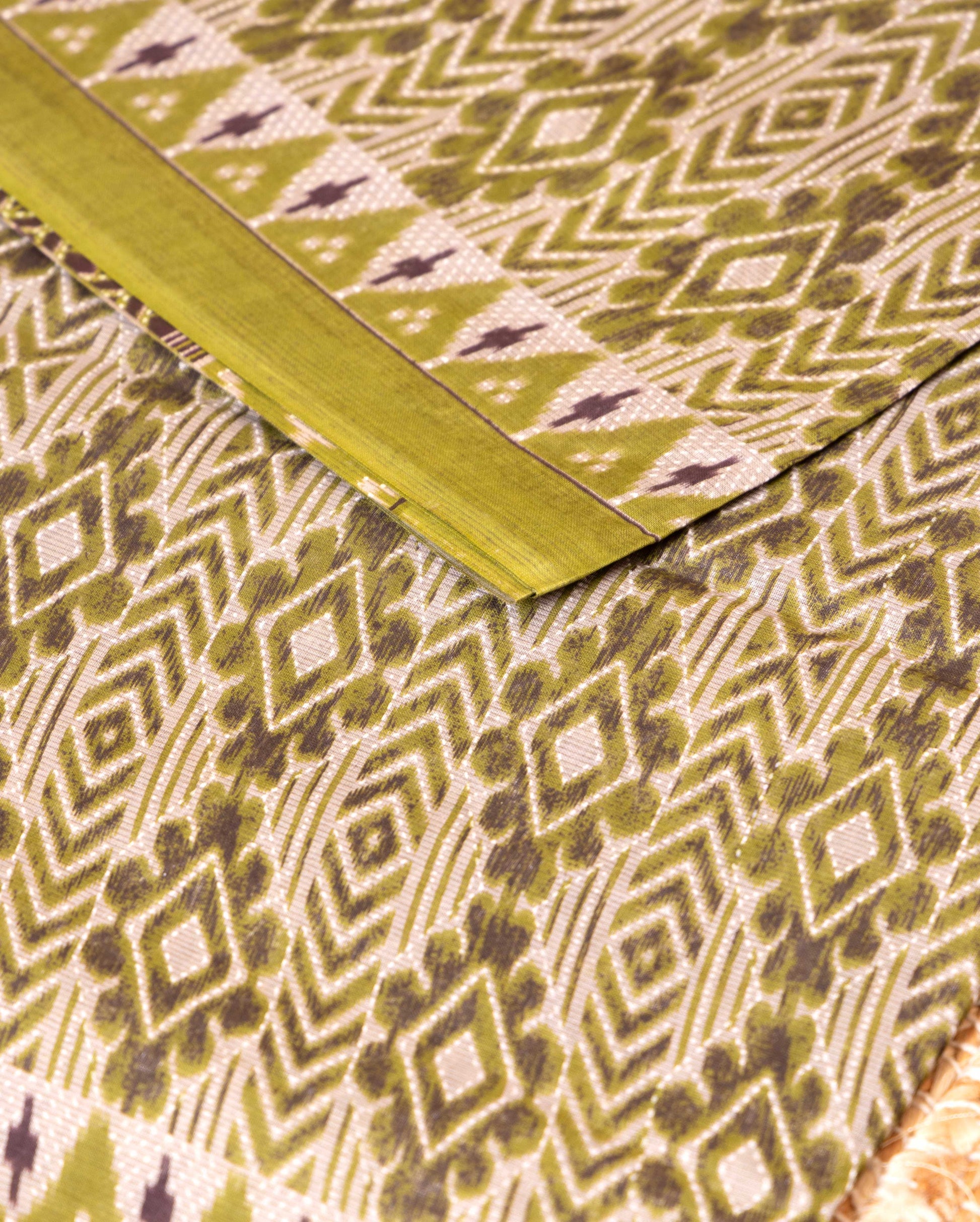 Lightweight Voile Cotton Saree with Intricate Diamond Weave and Striped Border - Green