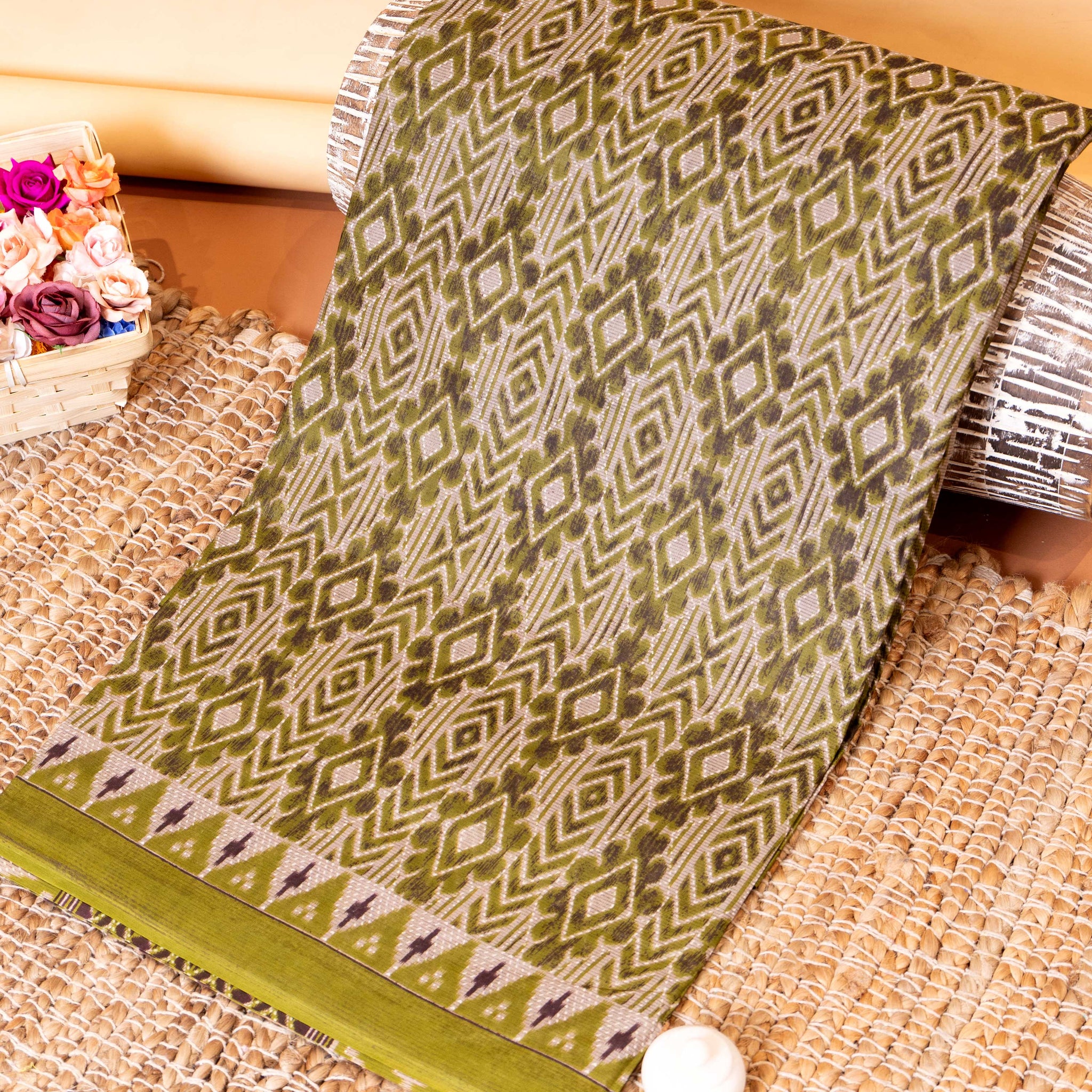 Lightweight Voile Cotton Saree with Intricate Diamond Weave and Striped Border - Green