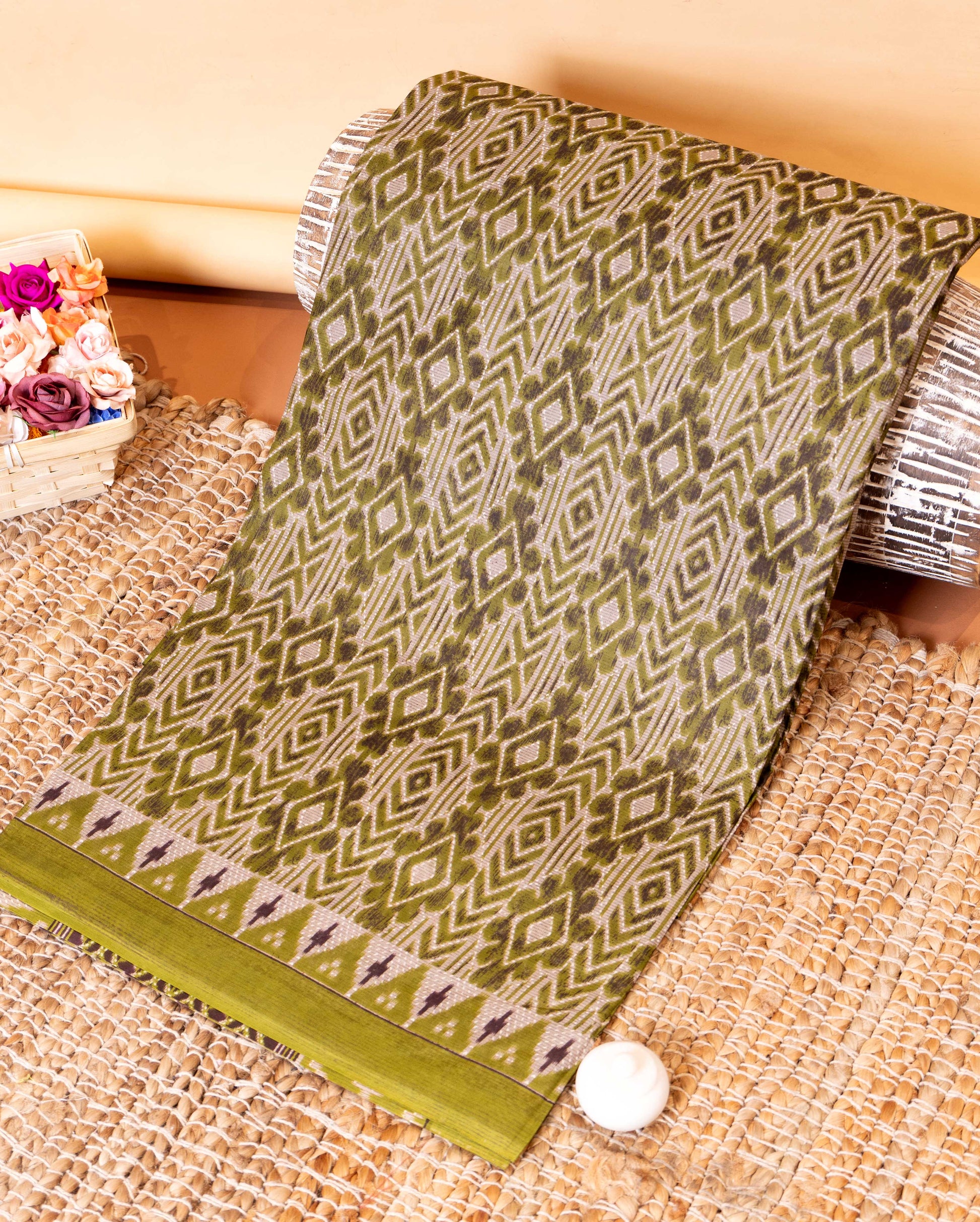 Lightweight Voile Cotton Saree with Intricate Diamond Weave and Striped Border - Green