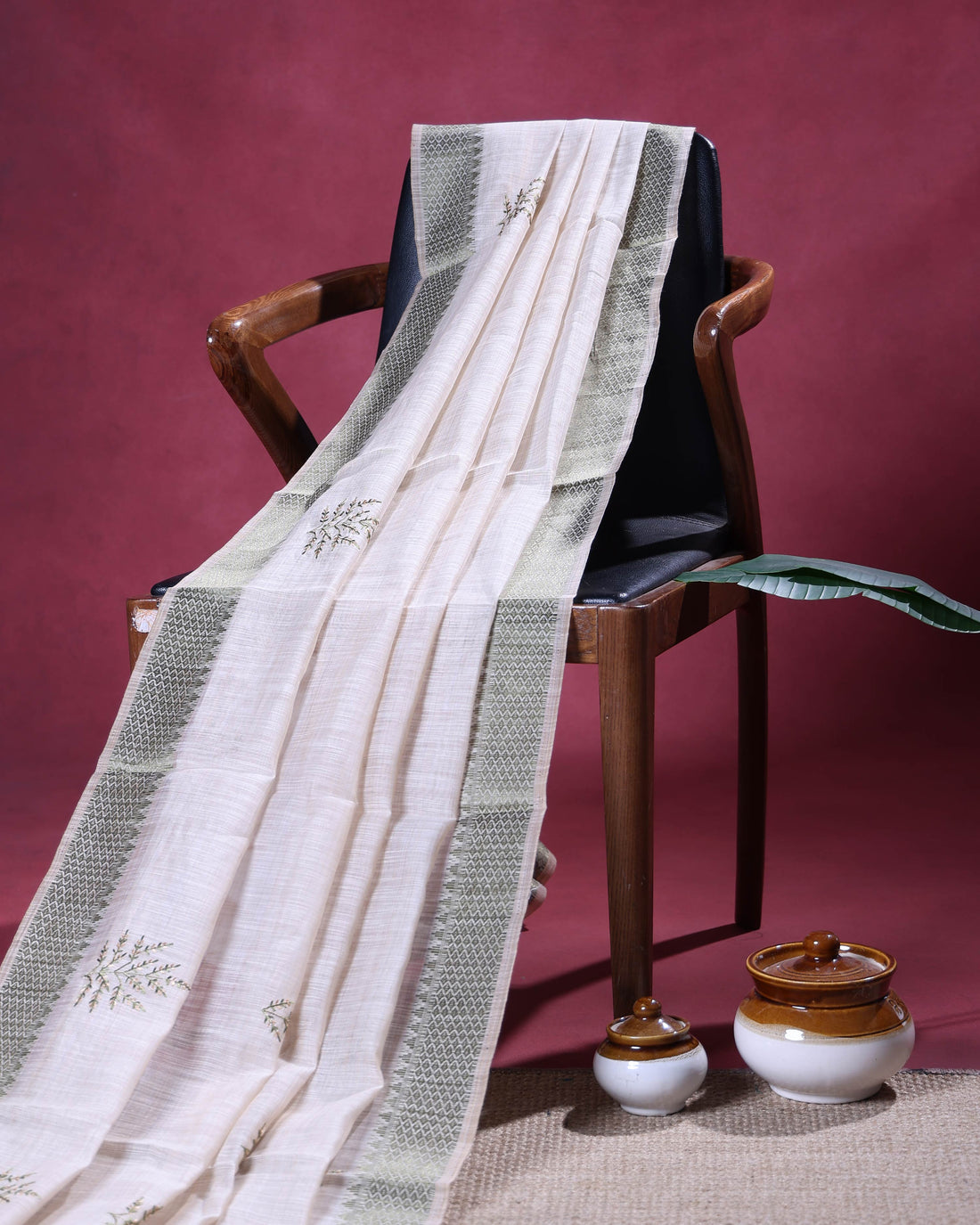 Traditional Linen Cotton Saree with Elegant Woven Border and Delicate Floral Embroidery - Ivory