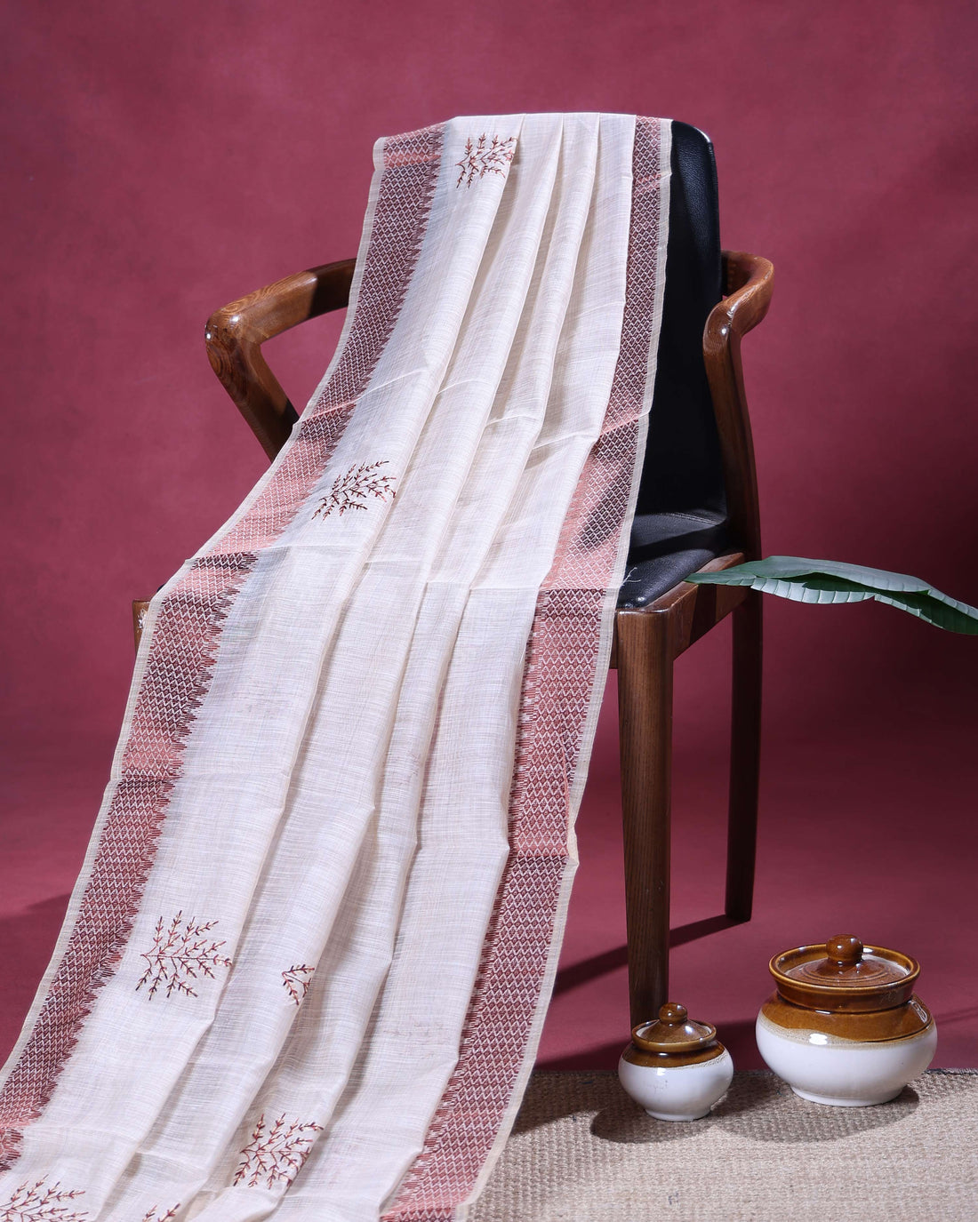 Traditional Linen Cotton Saree with Elegant Woven Border and Delicate Floral Embroidery - Ivory