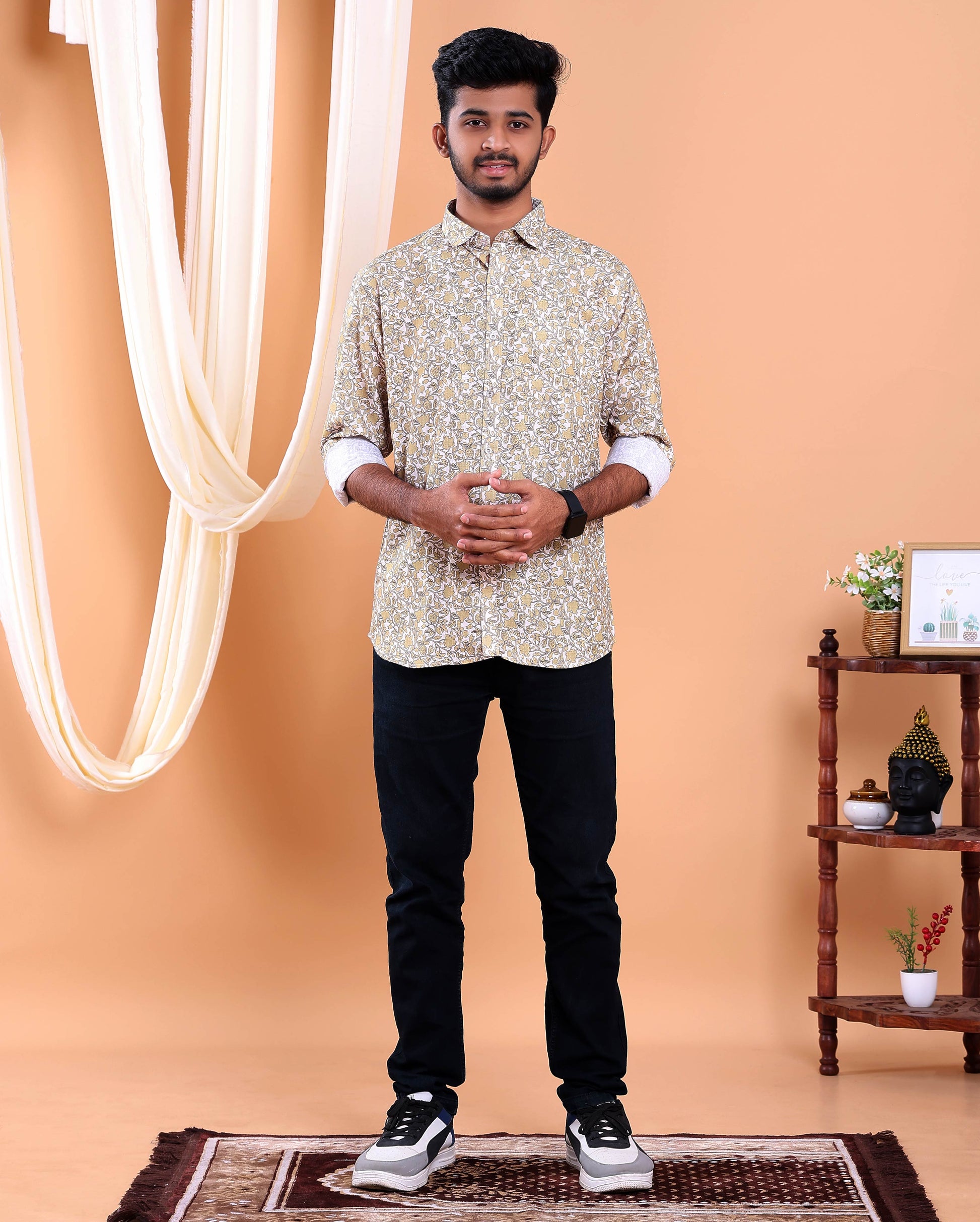 Men’s Linen Valley Casual Full Sleeve Floral Printed Button Down Shirt - Off White