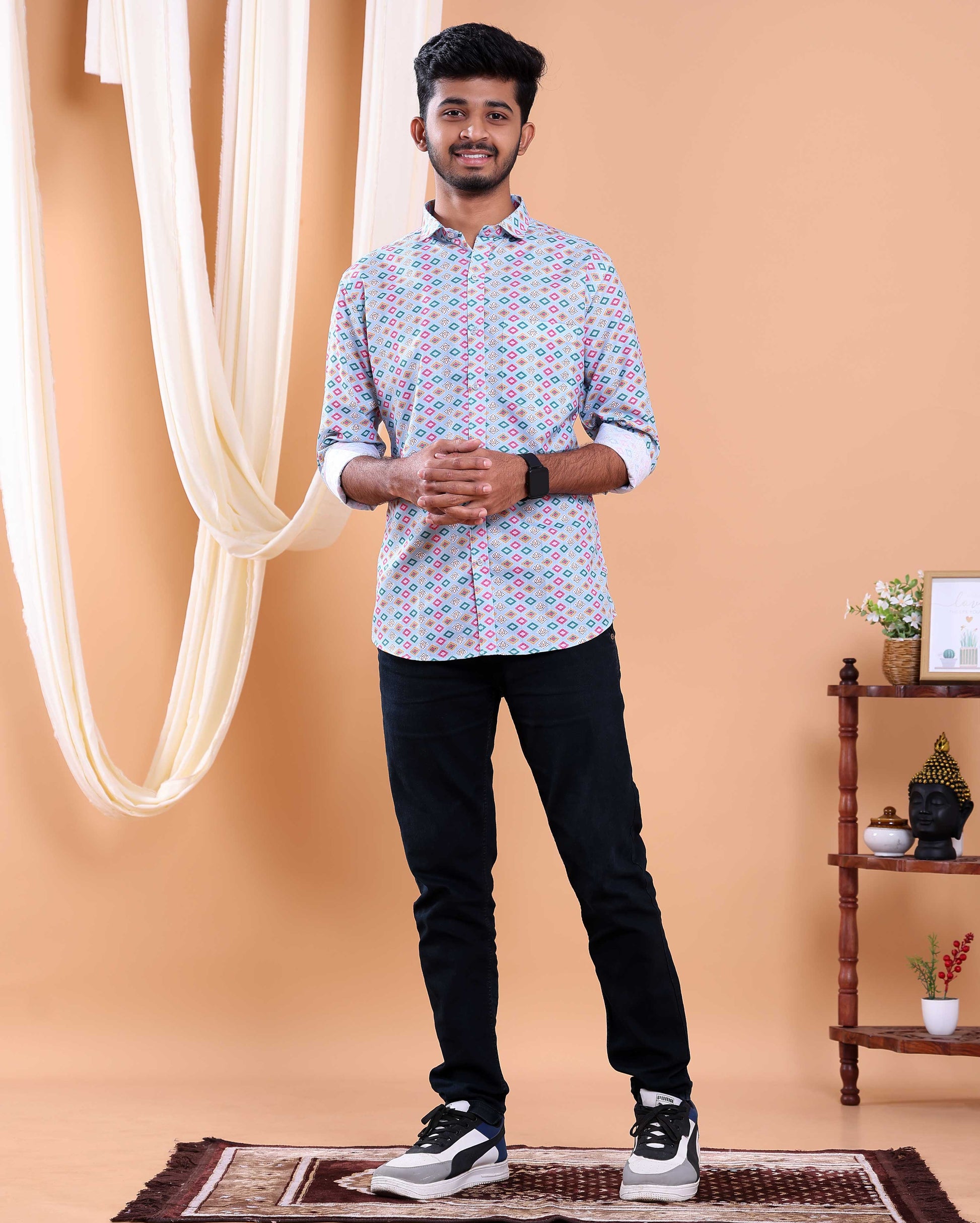 Men’s Linen Valley Casual Full Sleeve Geometric Printed Button Down Shirt - Light Blue