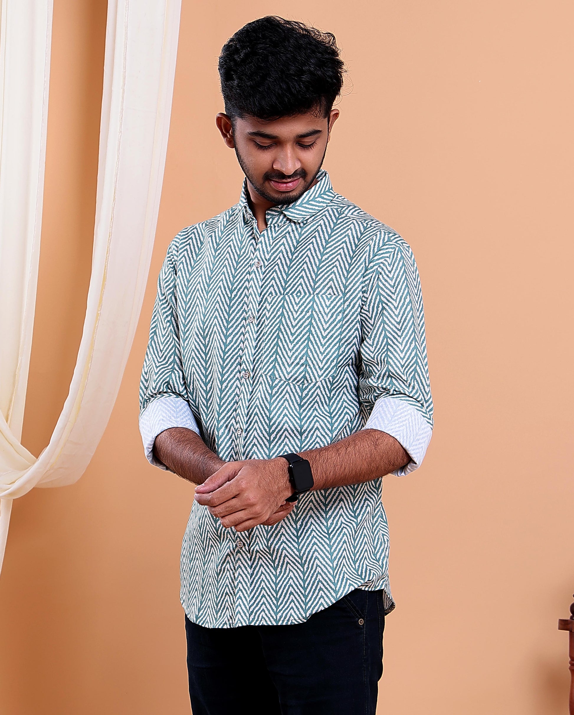 Men’s Linen Valley Chevron Pattern Casual Full Sleeve Shirt - Green