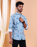 Men’s Linen Valley Floral Printed Casual Full Sleeve Shirt - Blue