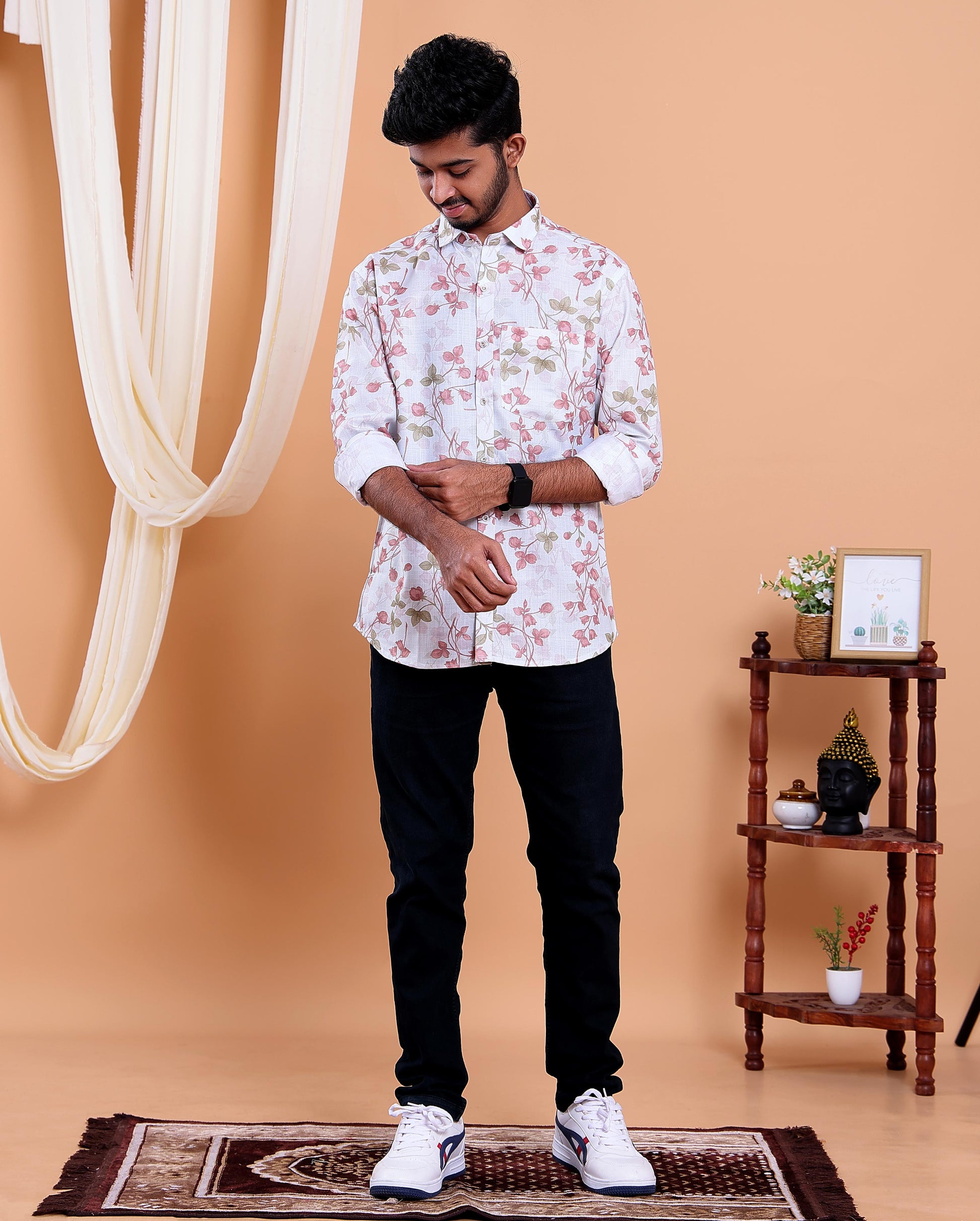 Men’s Linen Valley Casual Full Sleeve Floral Print Shirt - White