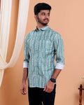 Men’s Linen Valley Hand Printed Intricate Geometric Pattern Casual Full Sleeve Shirt - Green